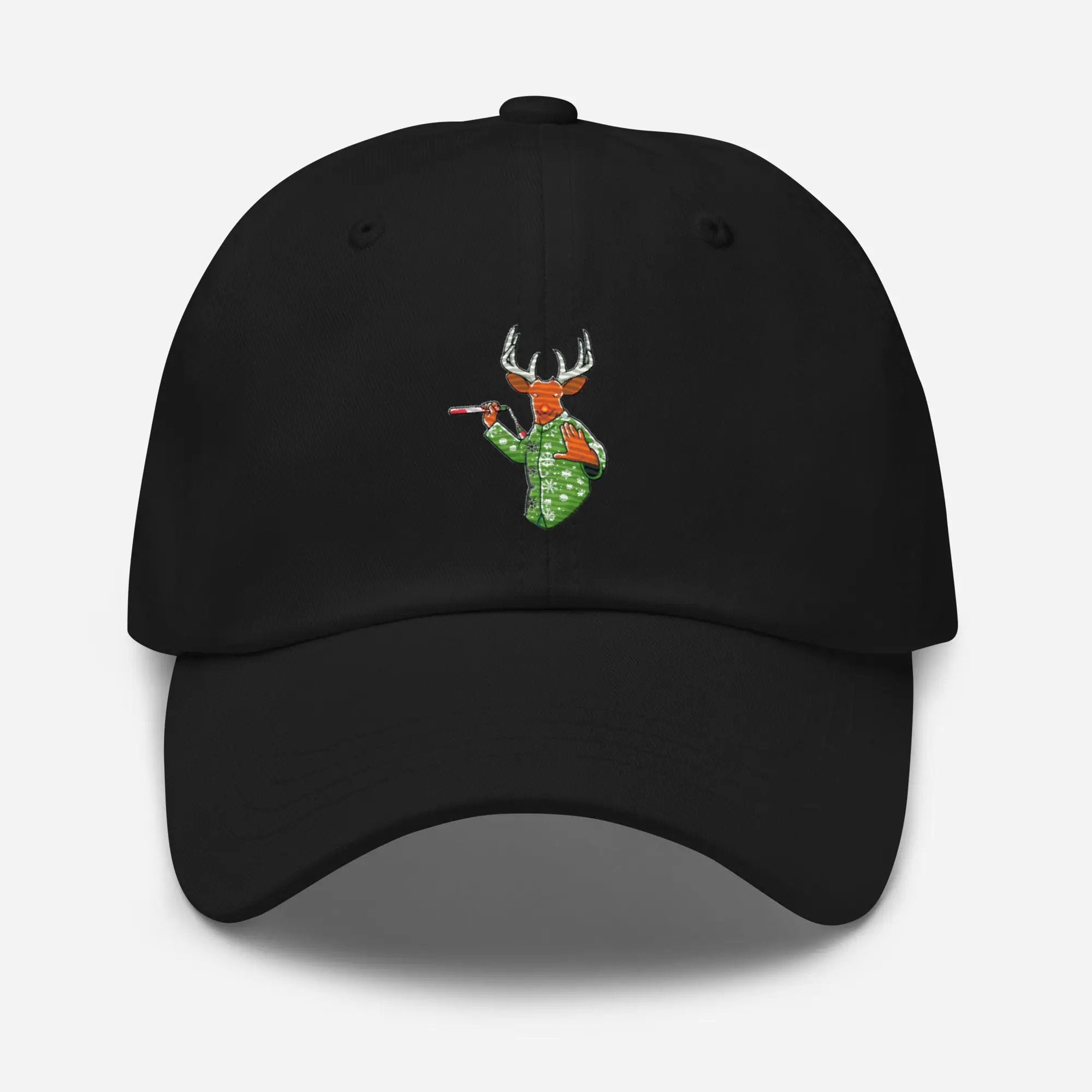 a black hat with a deer wearing a polka dot shirt