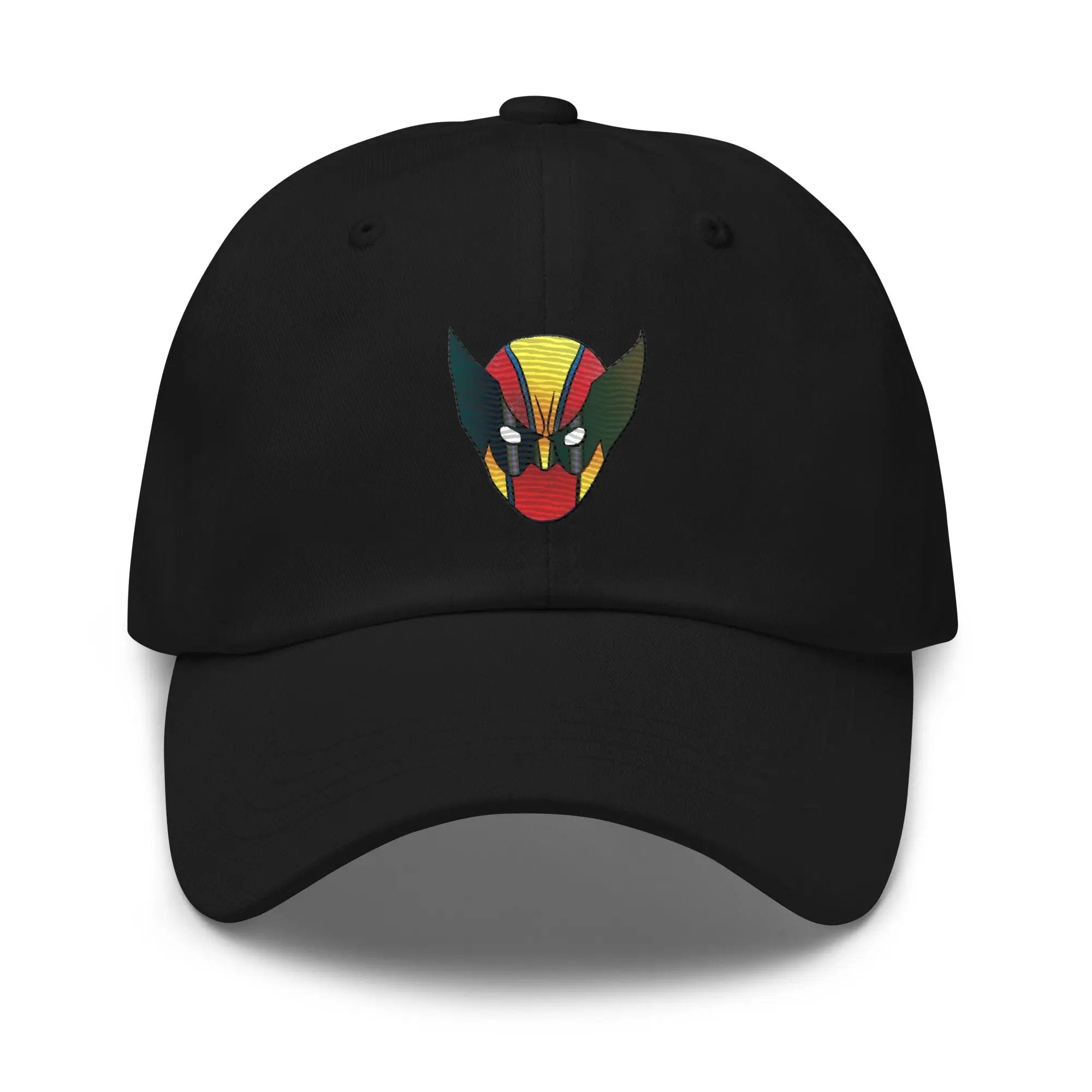 a black hat with a red, yellow, and green mask on it