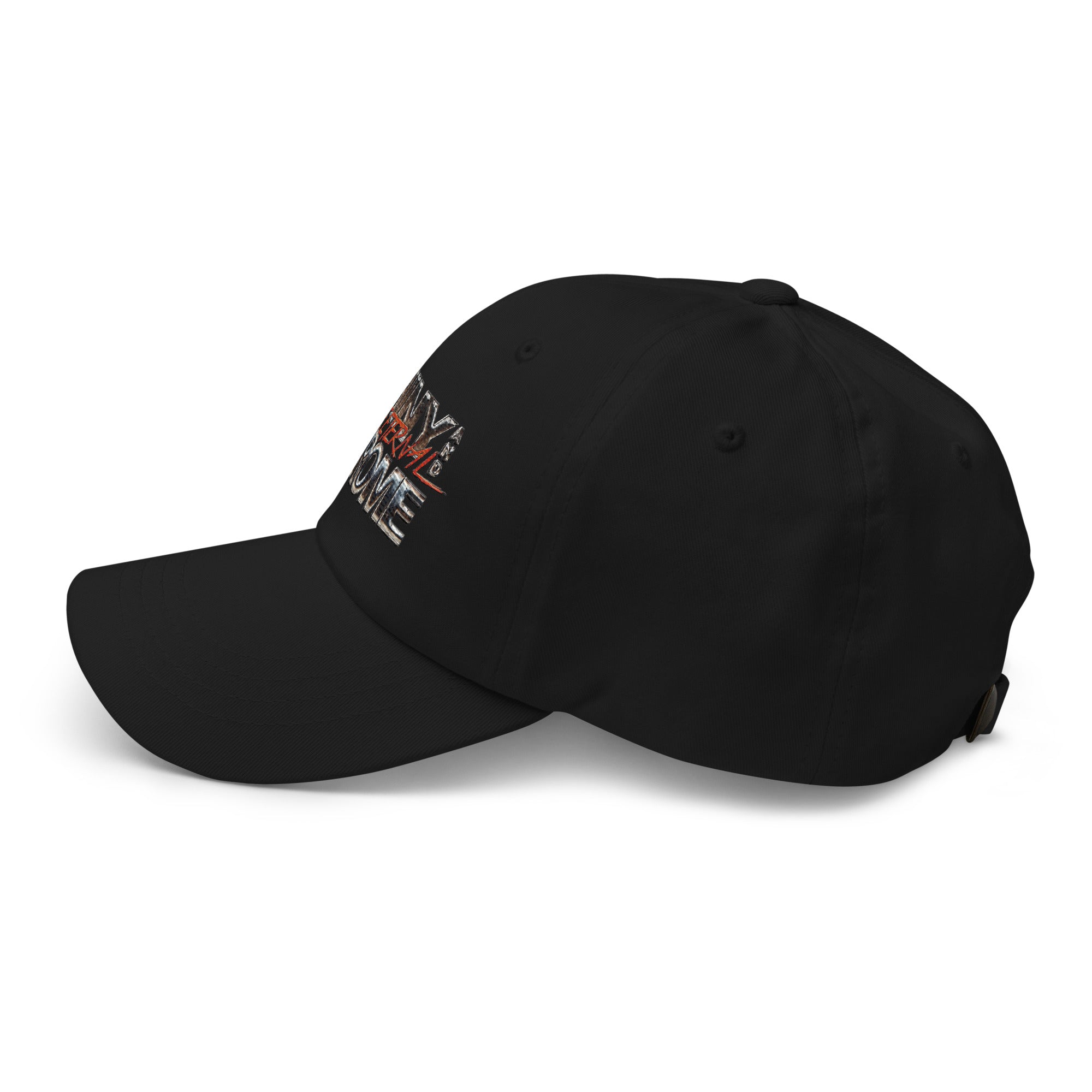 a black hat with a red and white logo on it