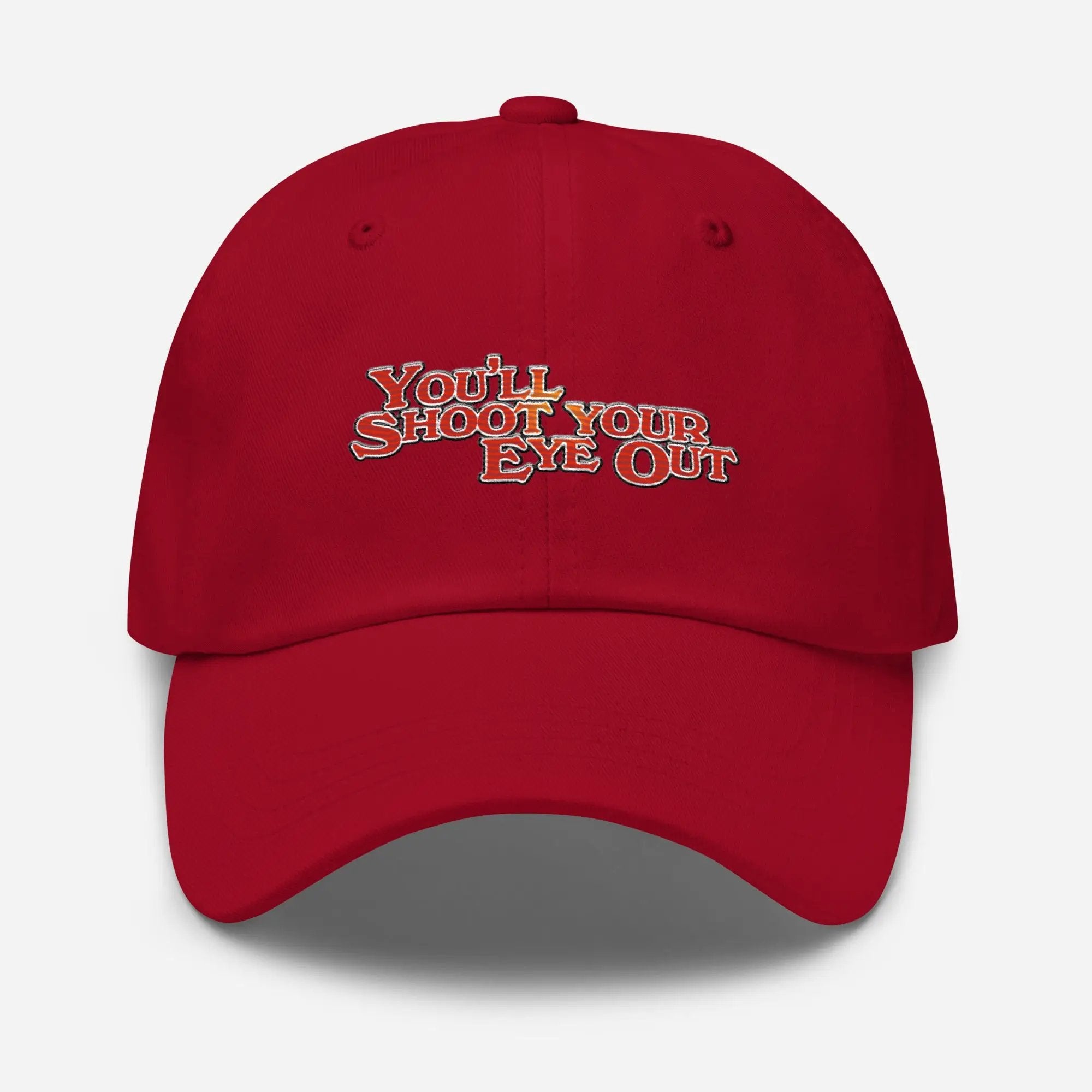 a red hat that says you shoot your eye out