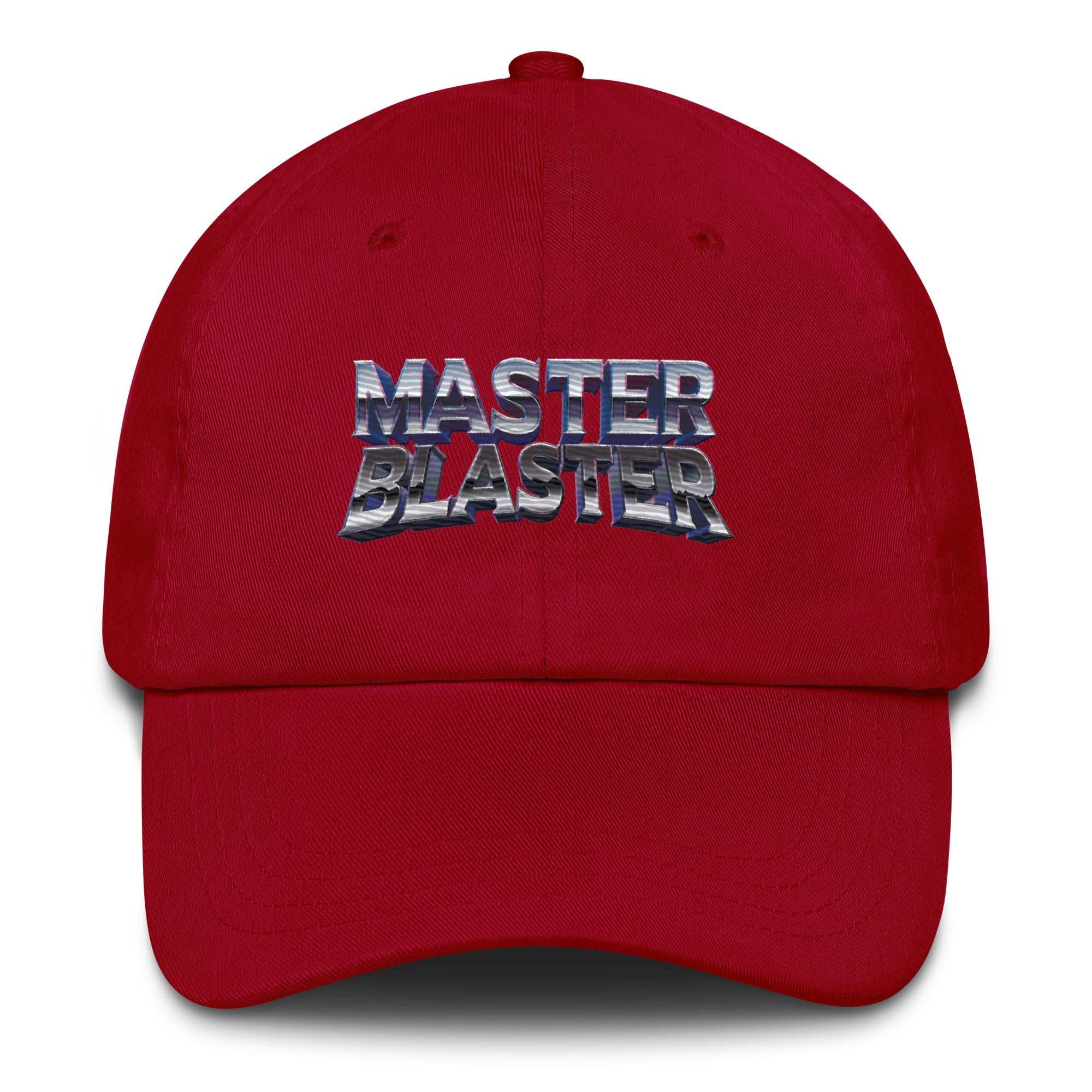 a red hat with the words master blaster printed on it