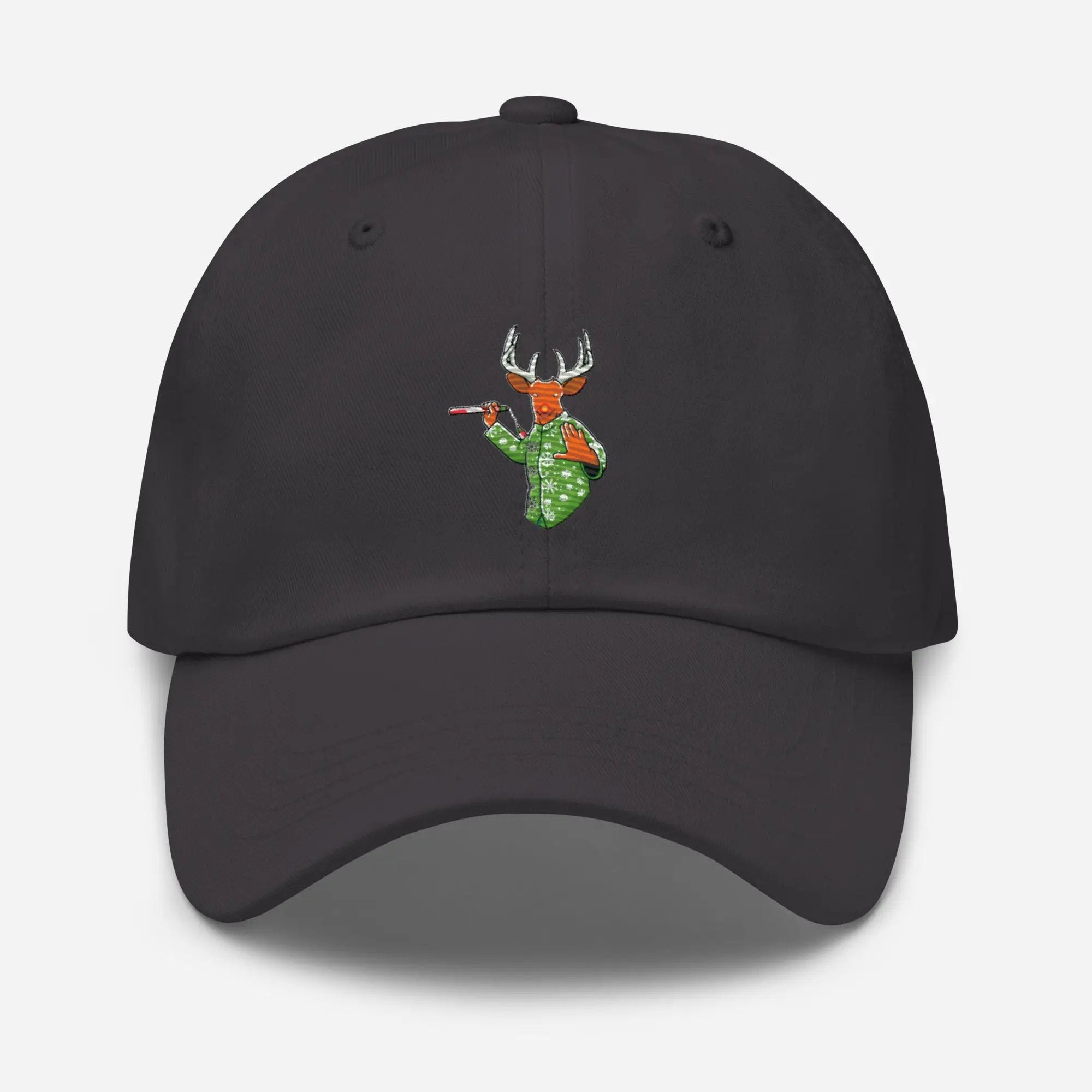 a black hat with a deer wearing a polka dot hat