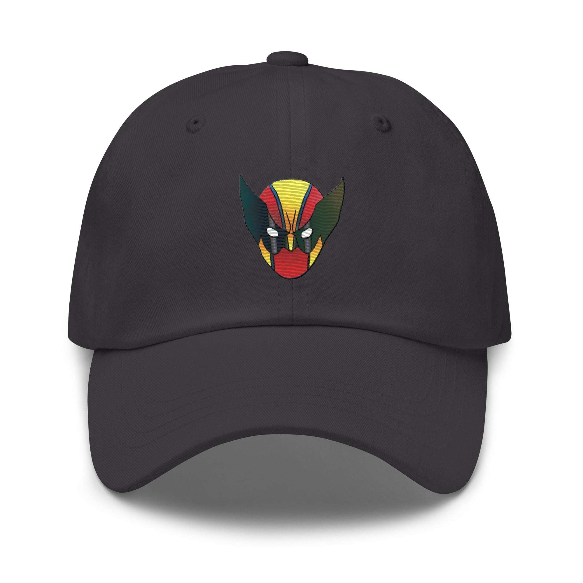 a black hat with a red, yellow, and green mask on it