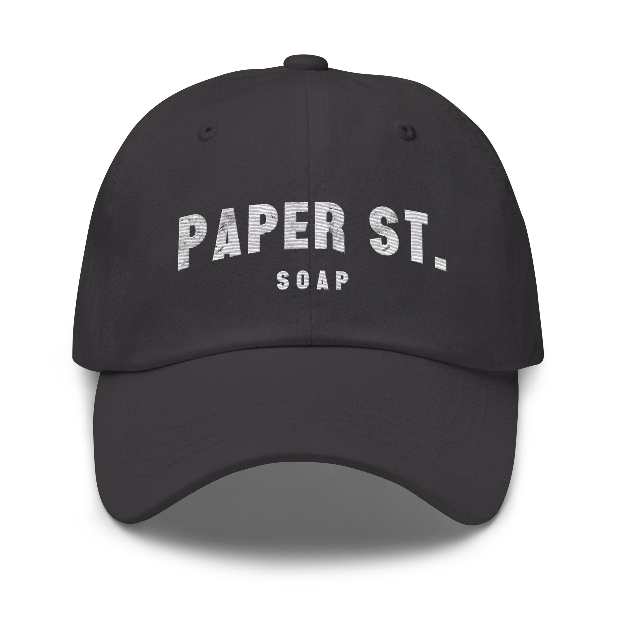 a black hat with a white paper st logo on it