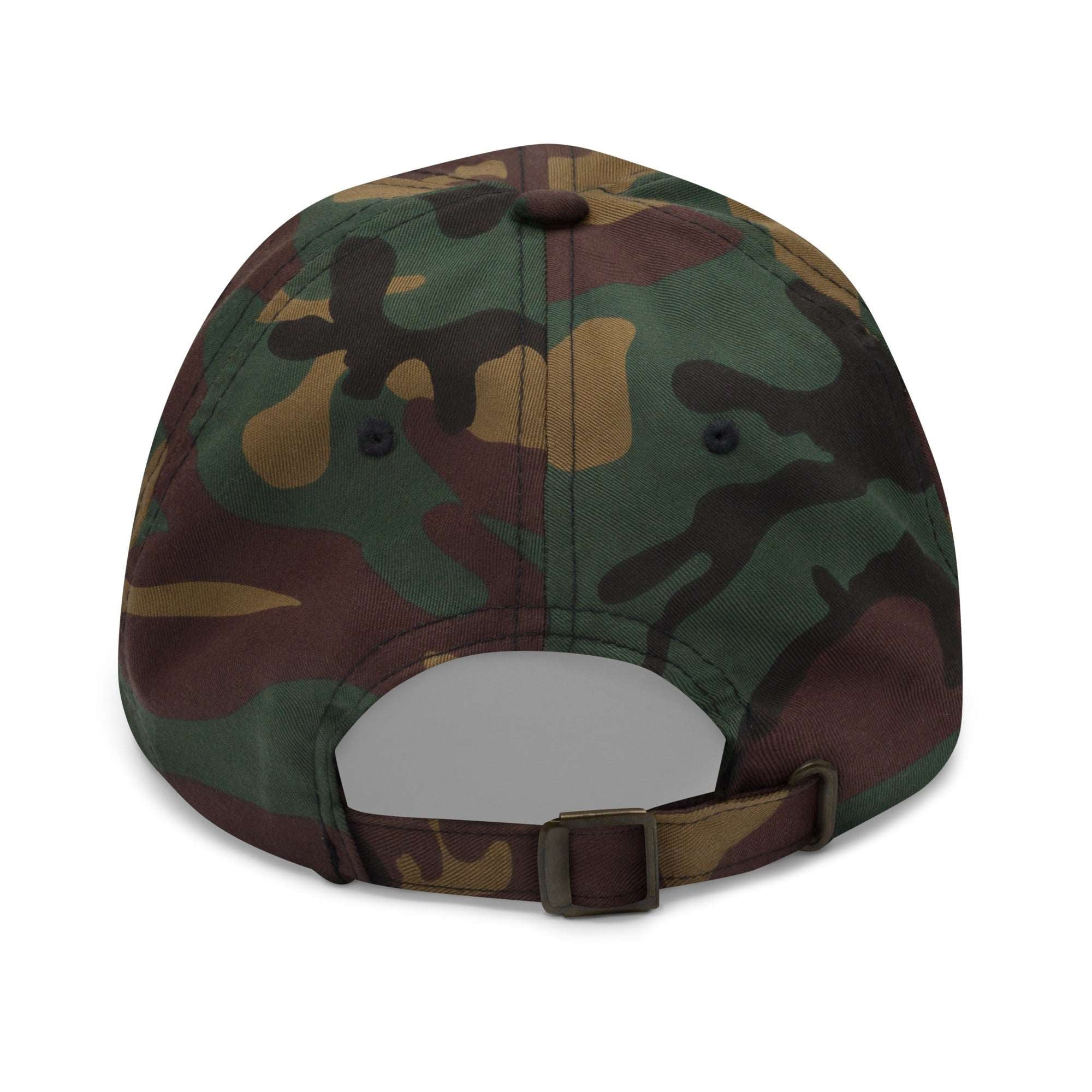 a green and brown camo hat with a white visor