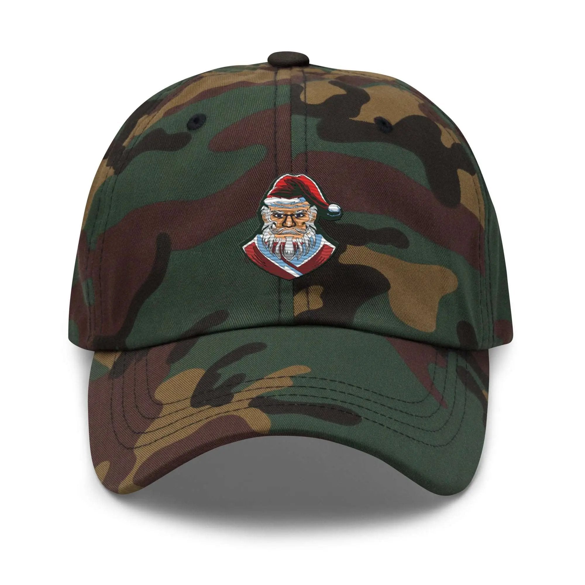 a green camo hat with a santa clause on it