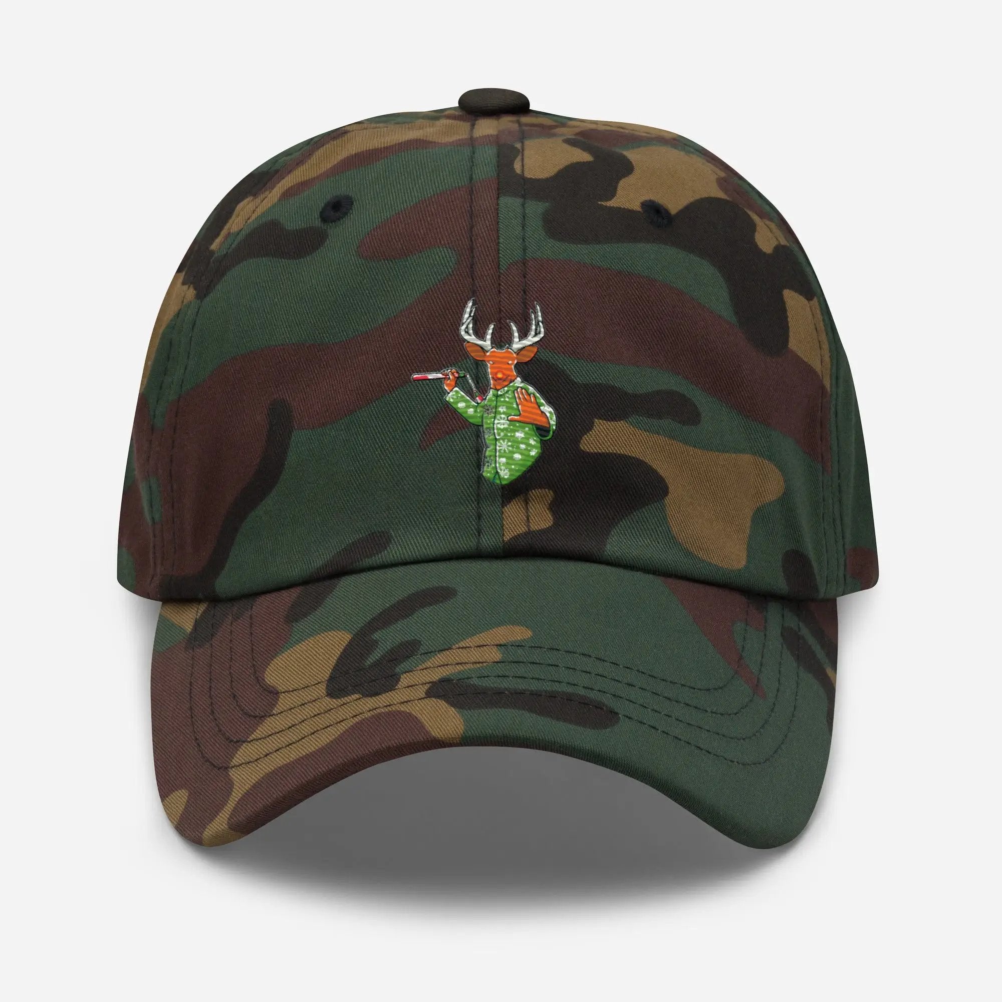 a camo cap with a deer head on it