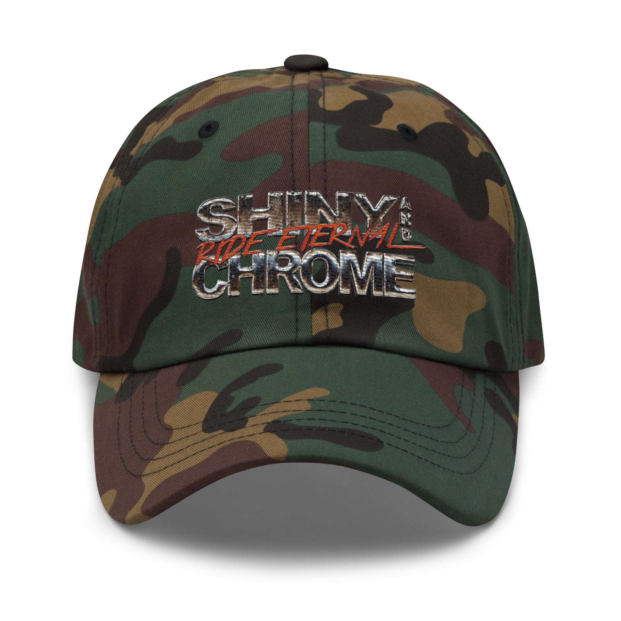 a camo hat with the words shiny chrome on it