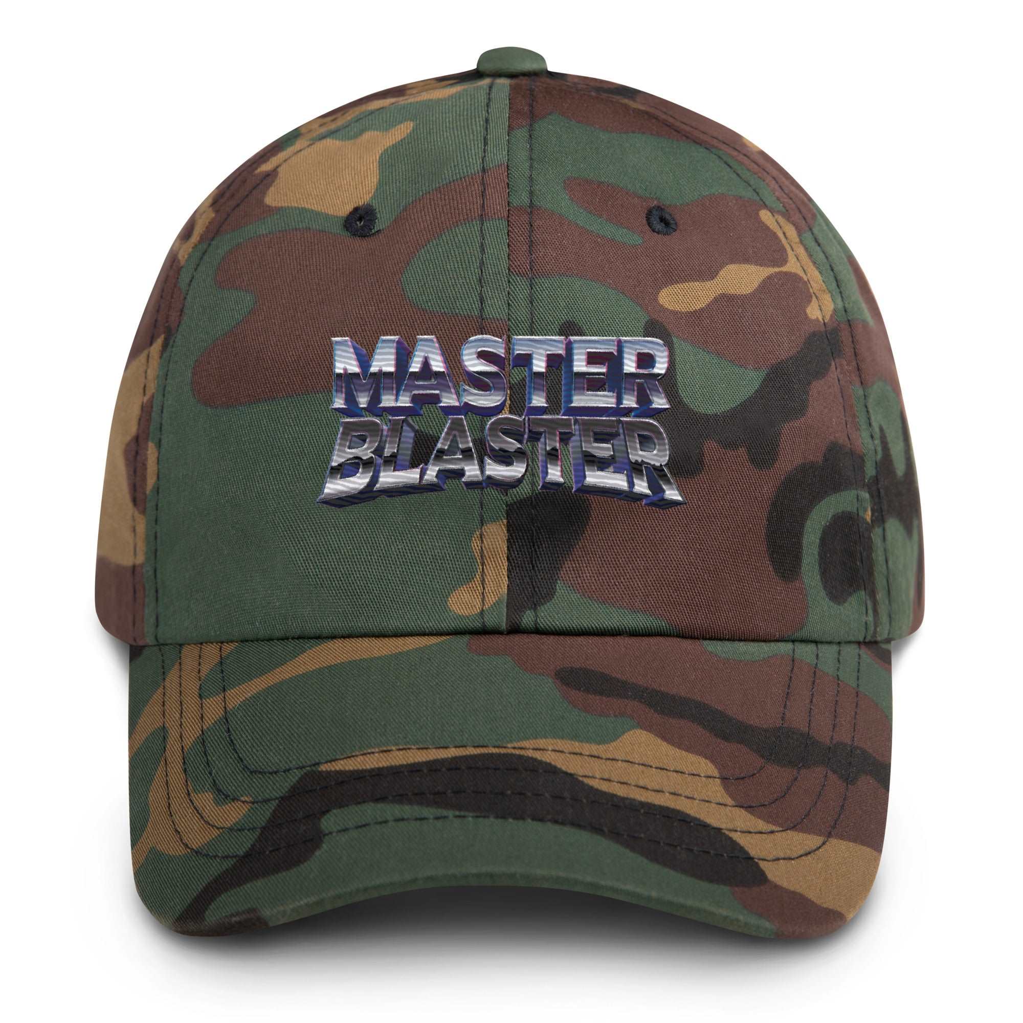 a camo hat with the words master blaster on it