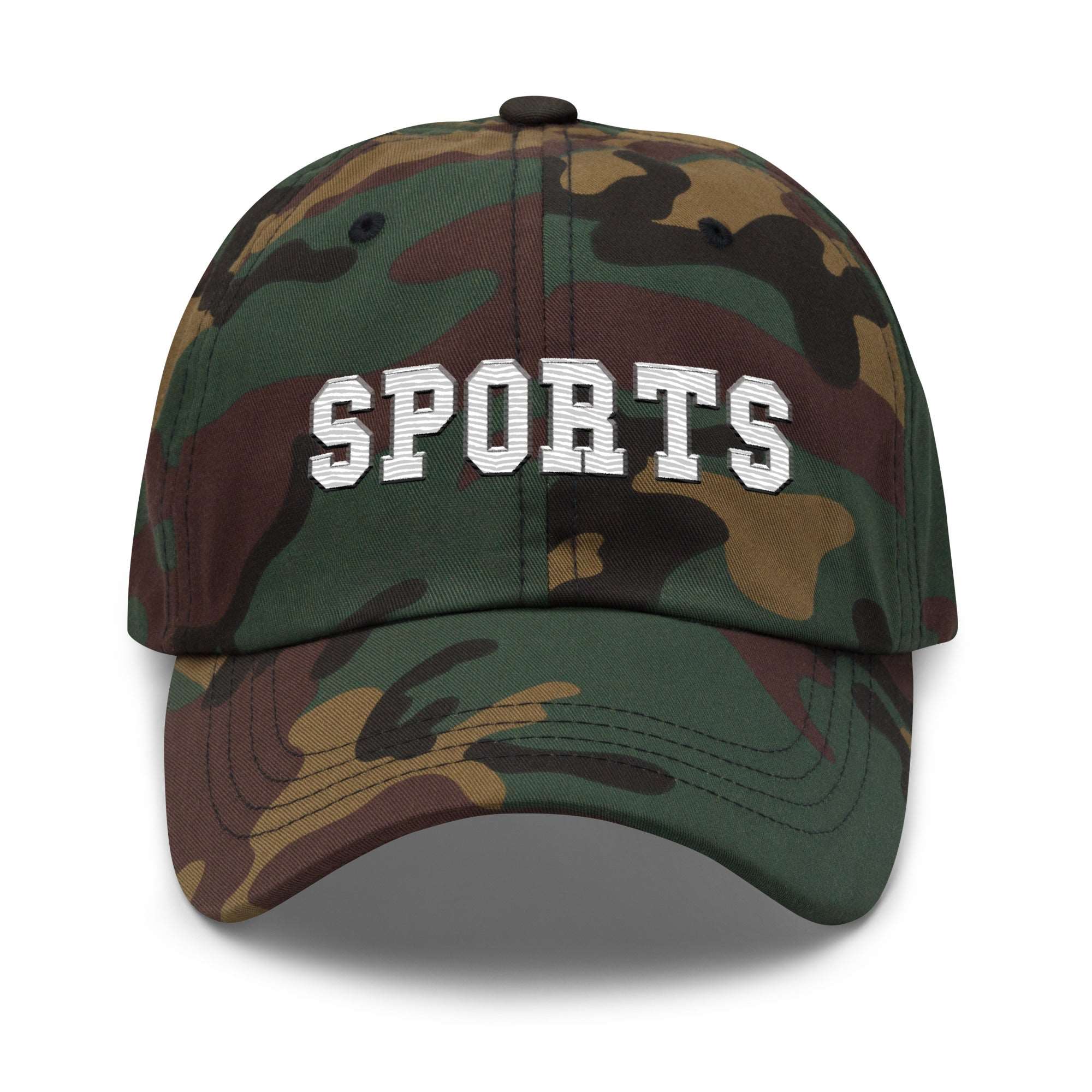 a camo hat with the words sports on it