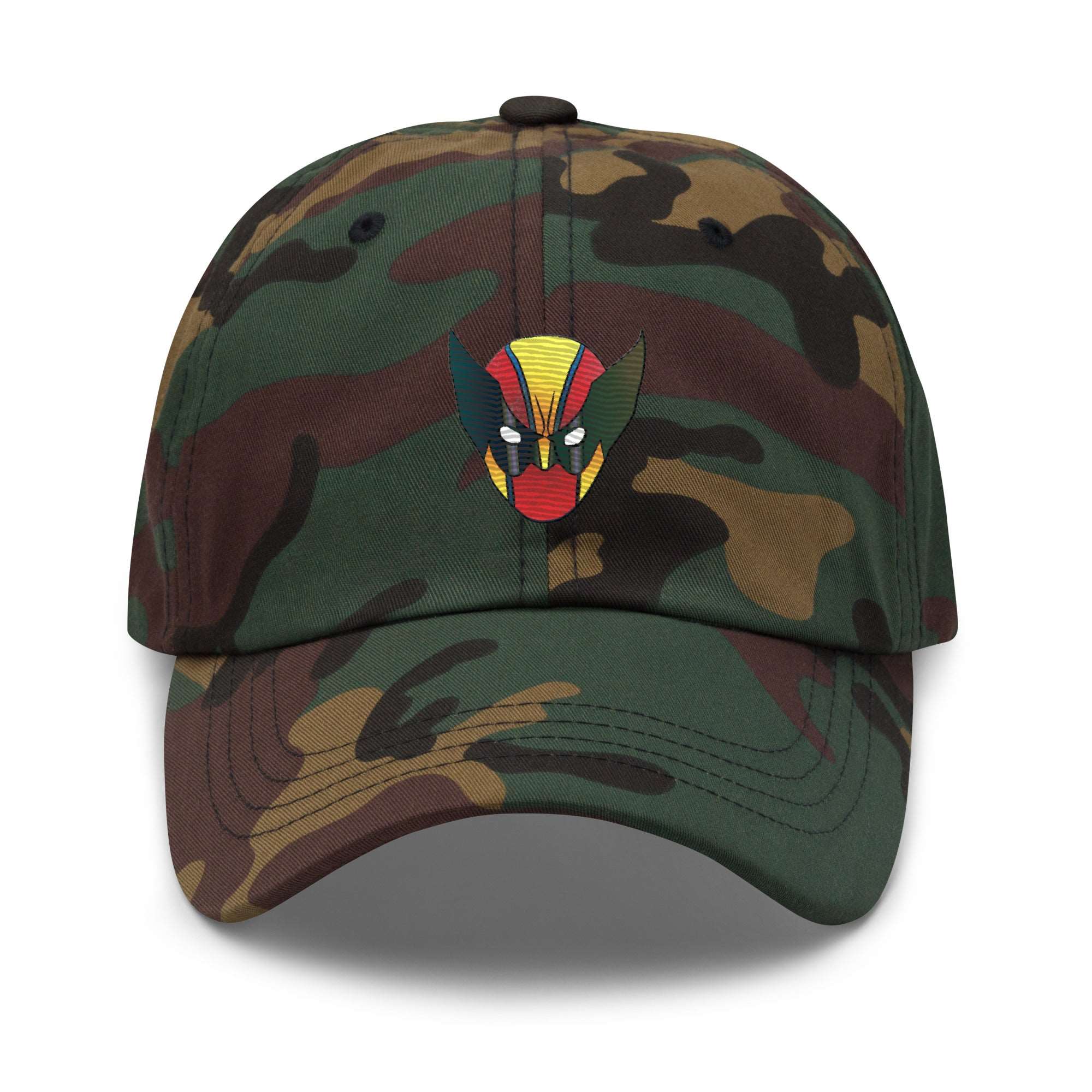 a green camo hat with a red, yellow, and black mask on it