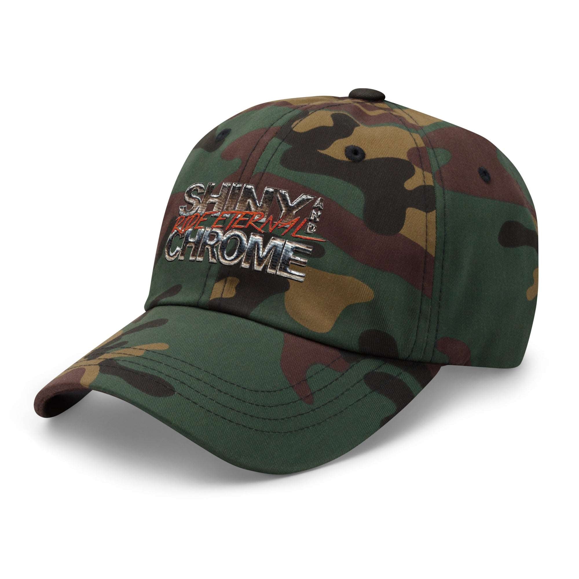 a green camo hat with the words shiny chrome on it