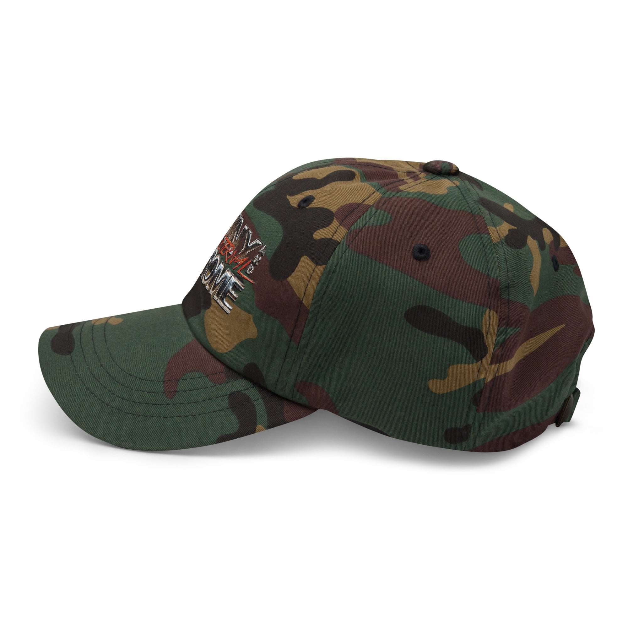 a green camo hat with a red and white logo on it