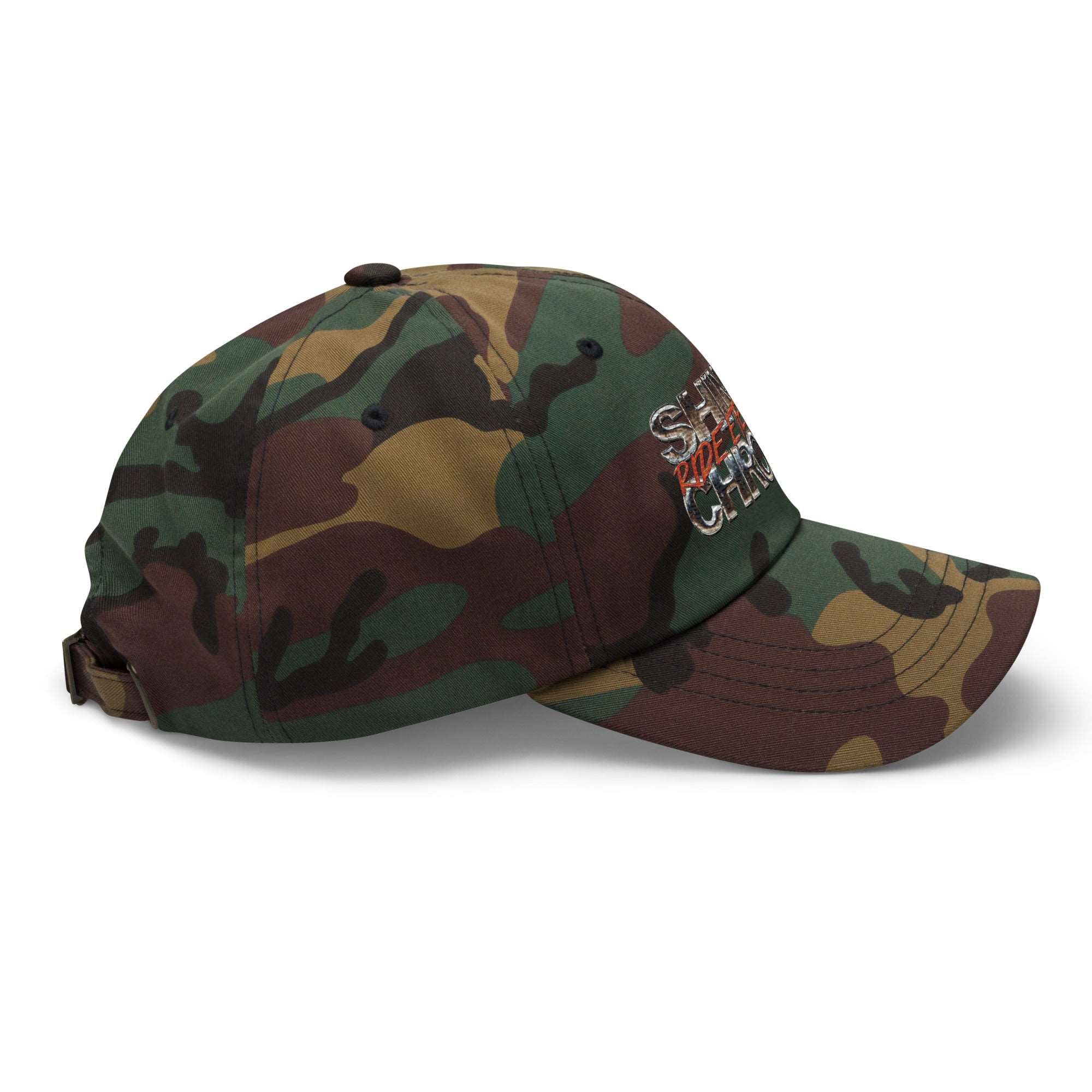 a camo cap with a tiger patch on the front
