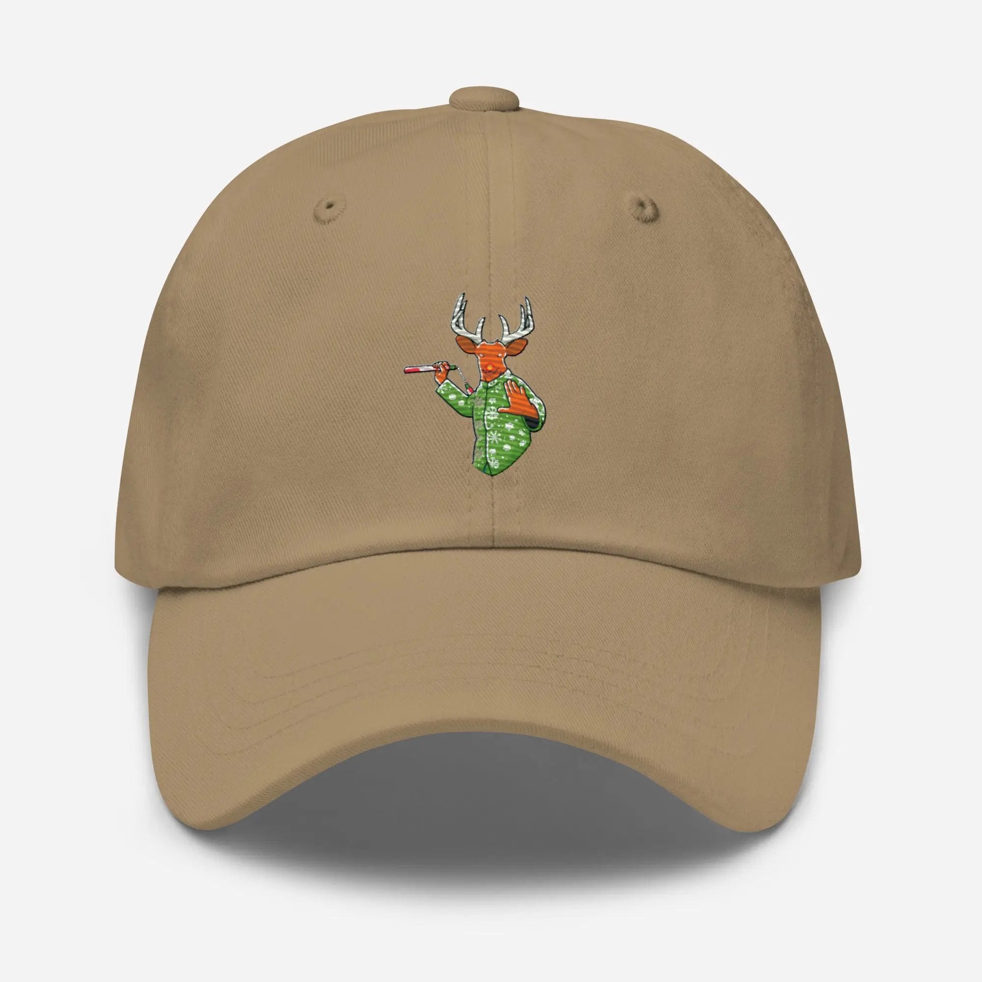 a tan hat with a deer on it
