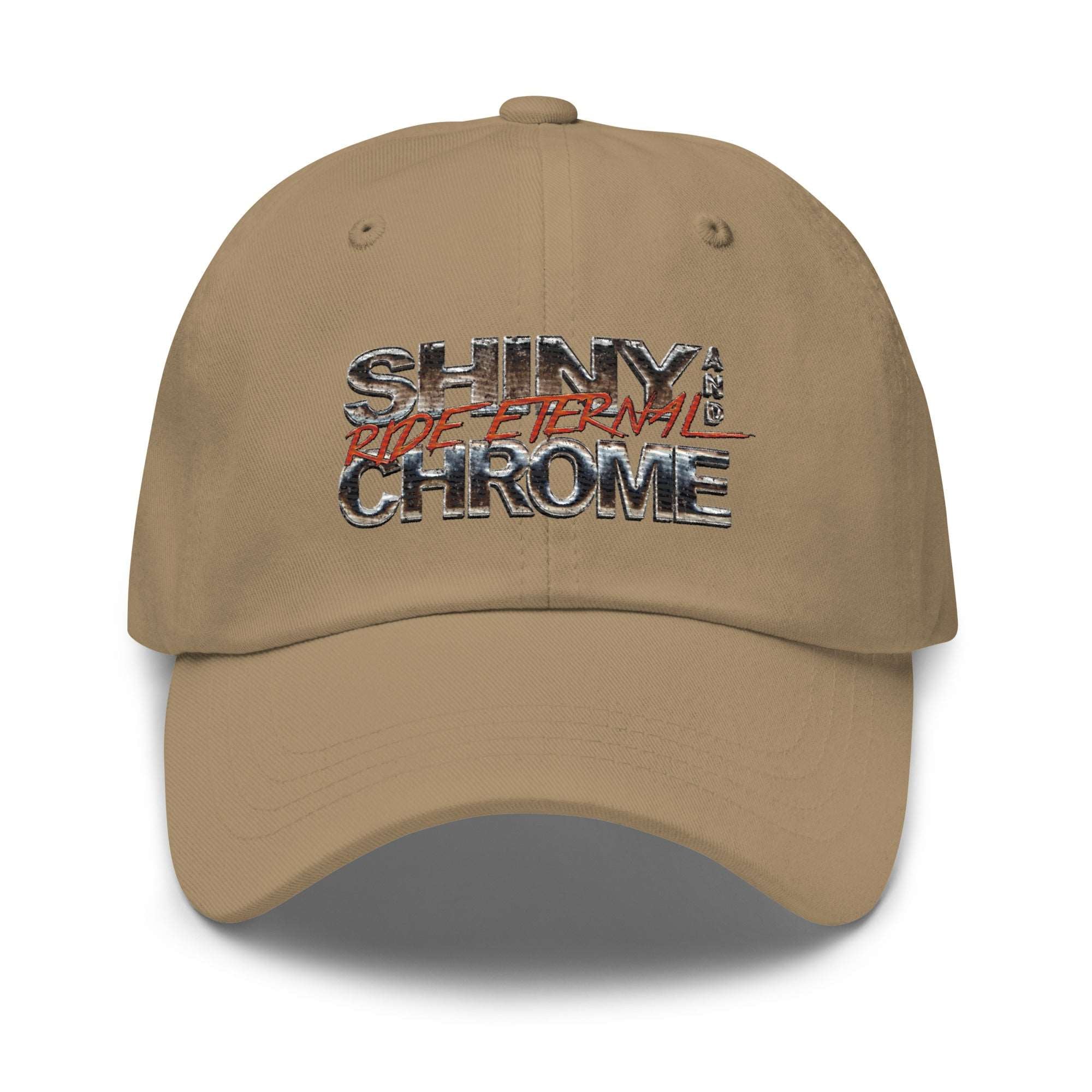 a tan hat with the words shiny and chrome on it