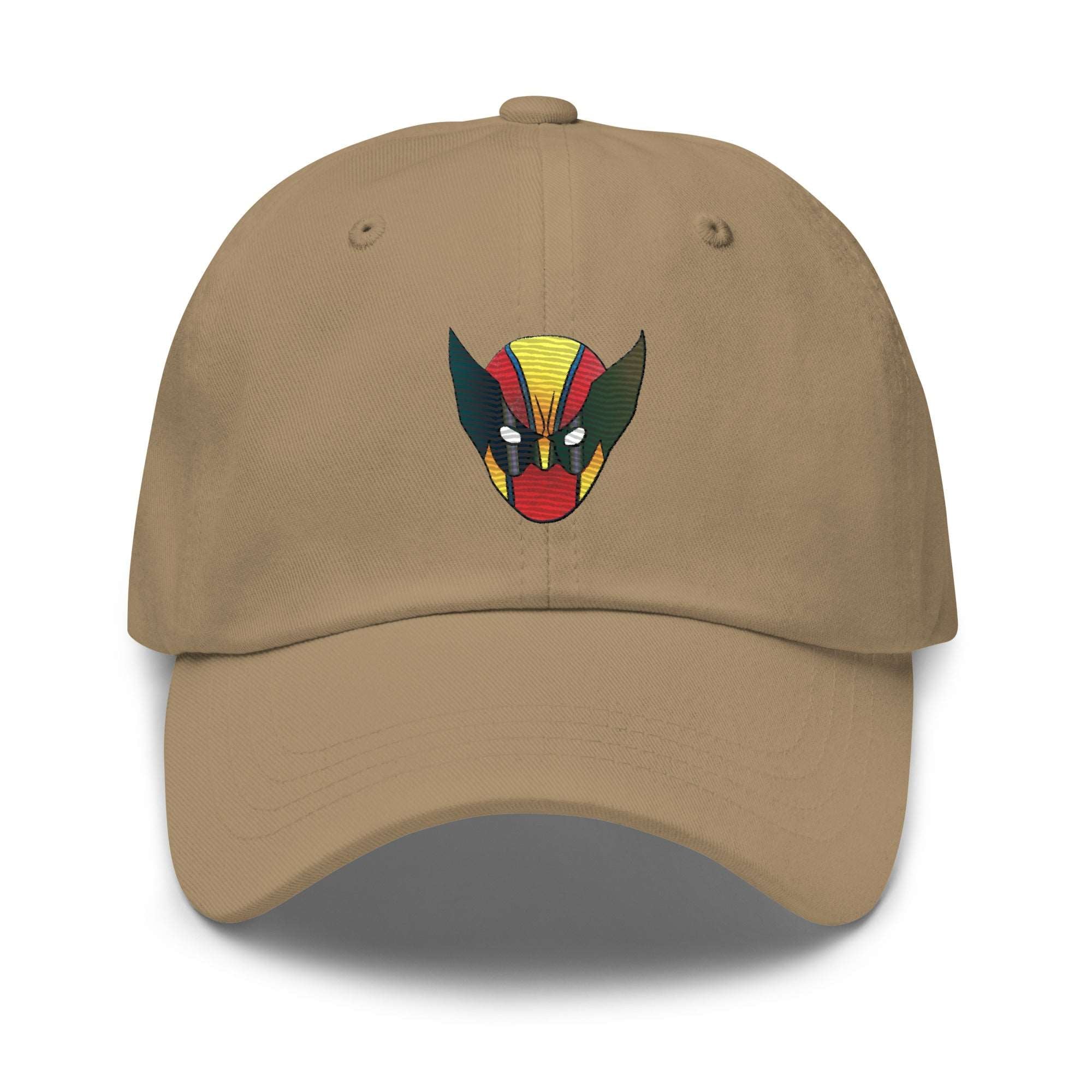 a tan hat with a red, yellow, and green face on it