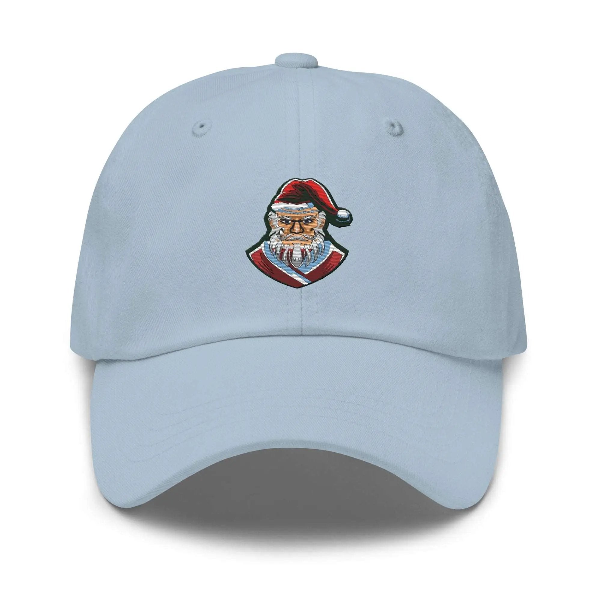 a light blue hat with a santa clause on it