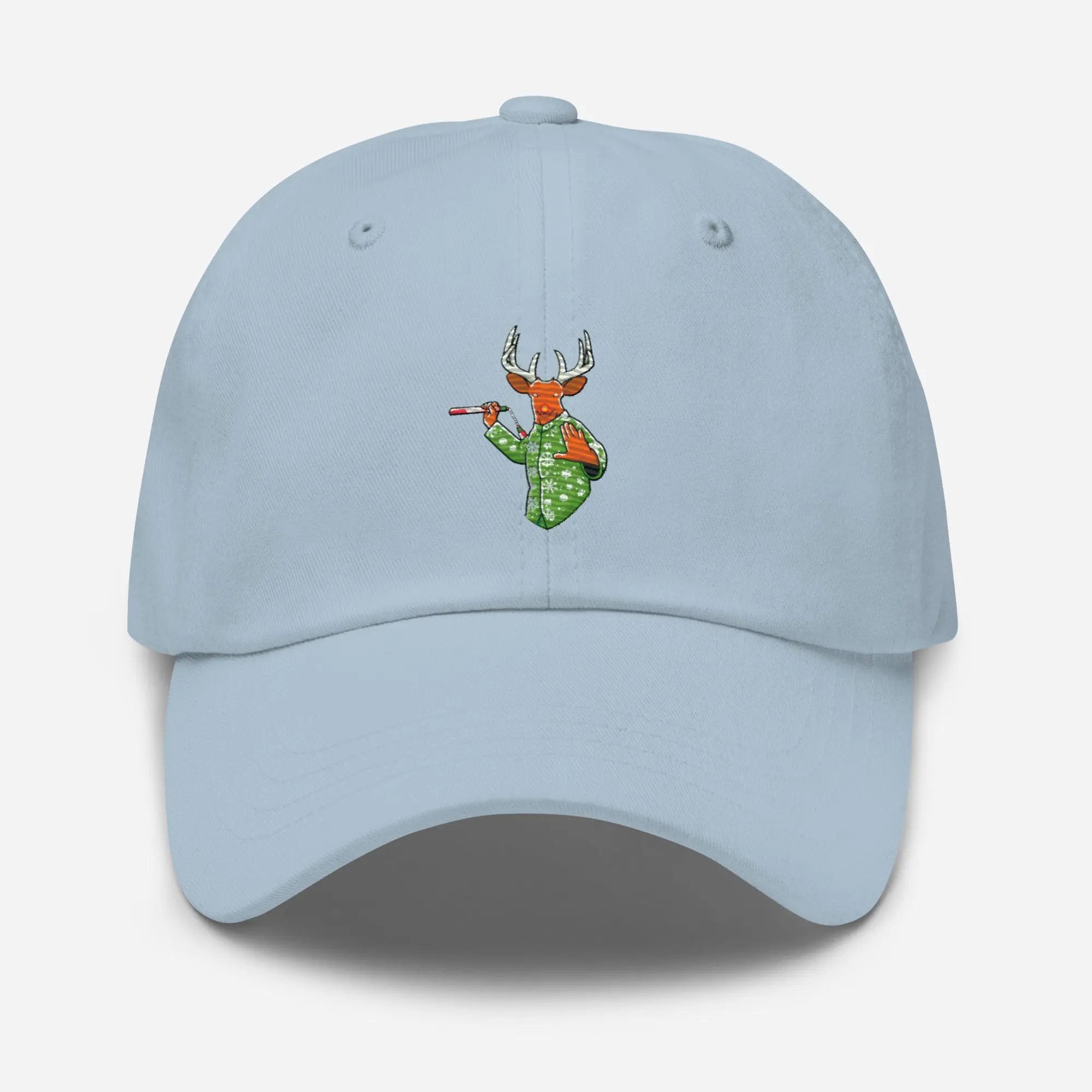 a light blue hat with a deer on it