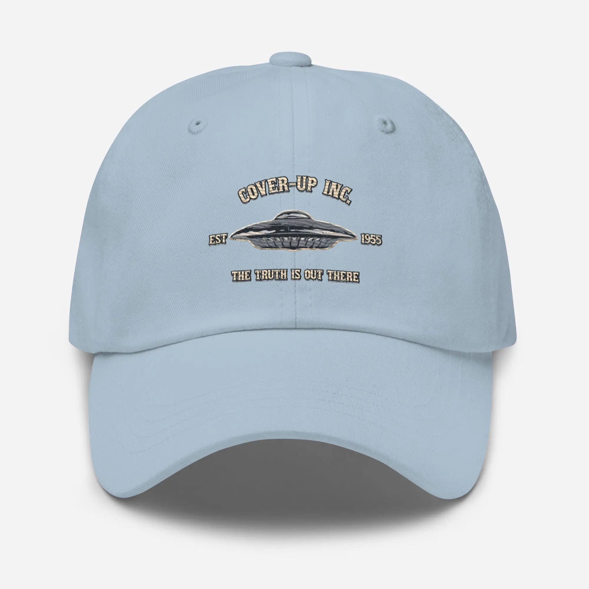 a light blue hat with the words power up ink on it