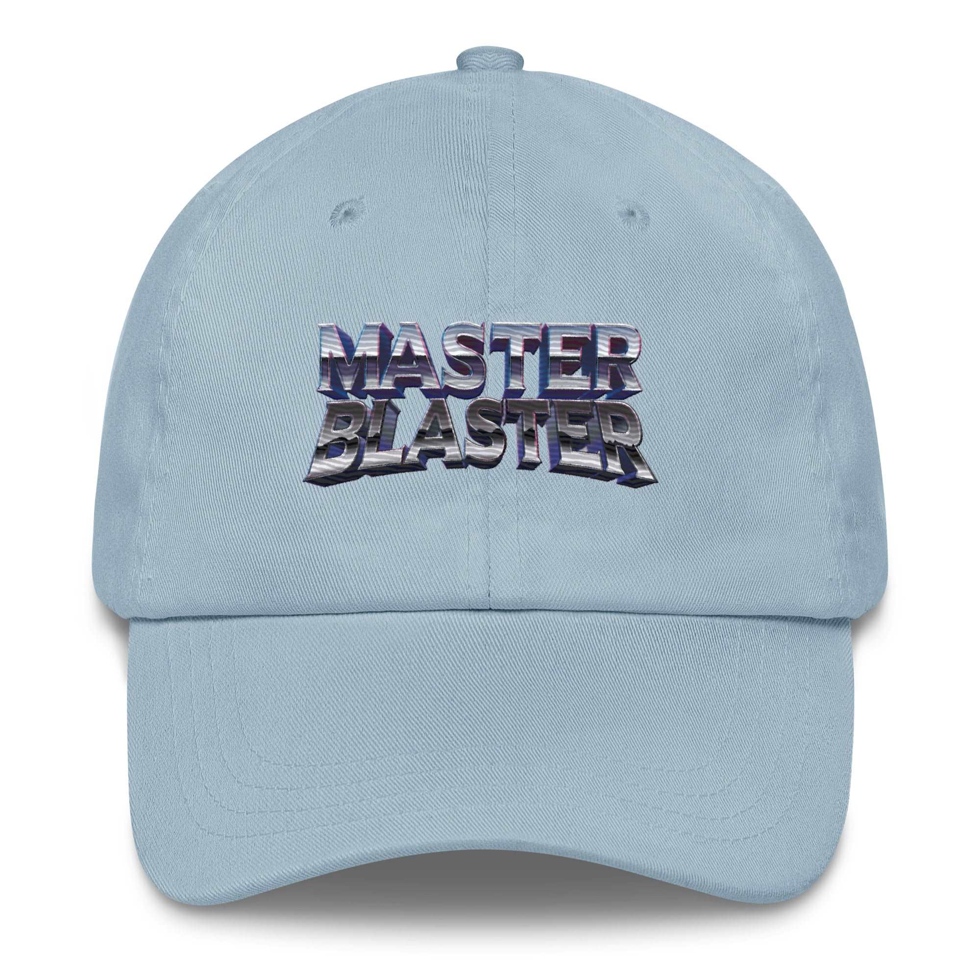 a light blue hat with the word master blaster printed on it