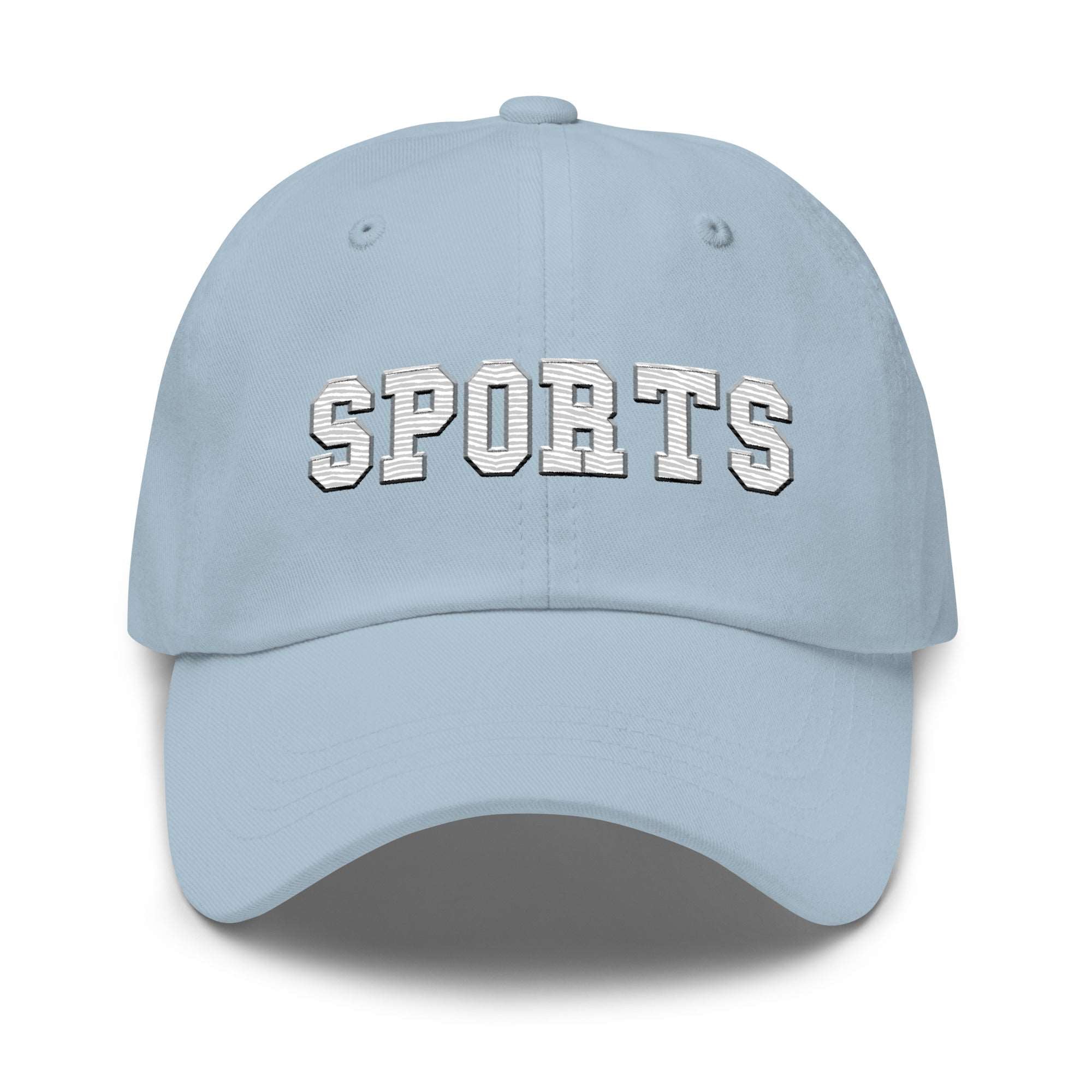 a light blue hat with the word sports on it