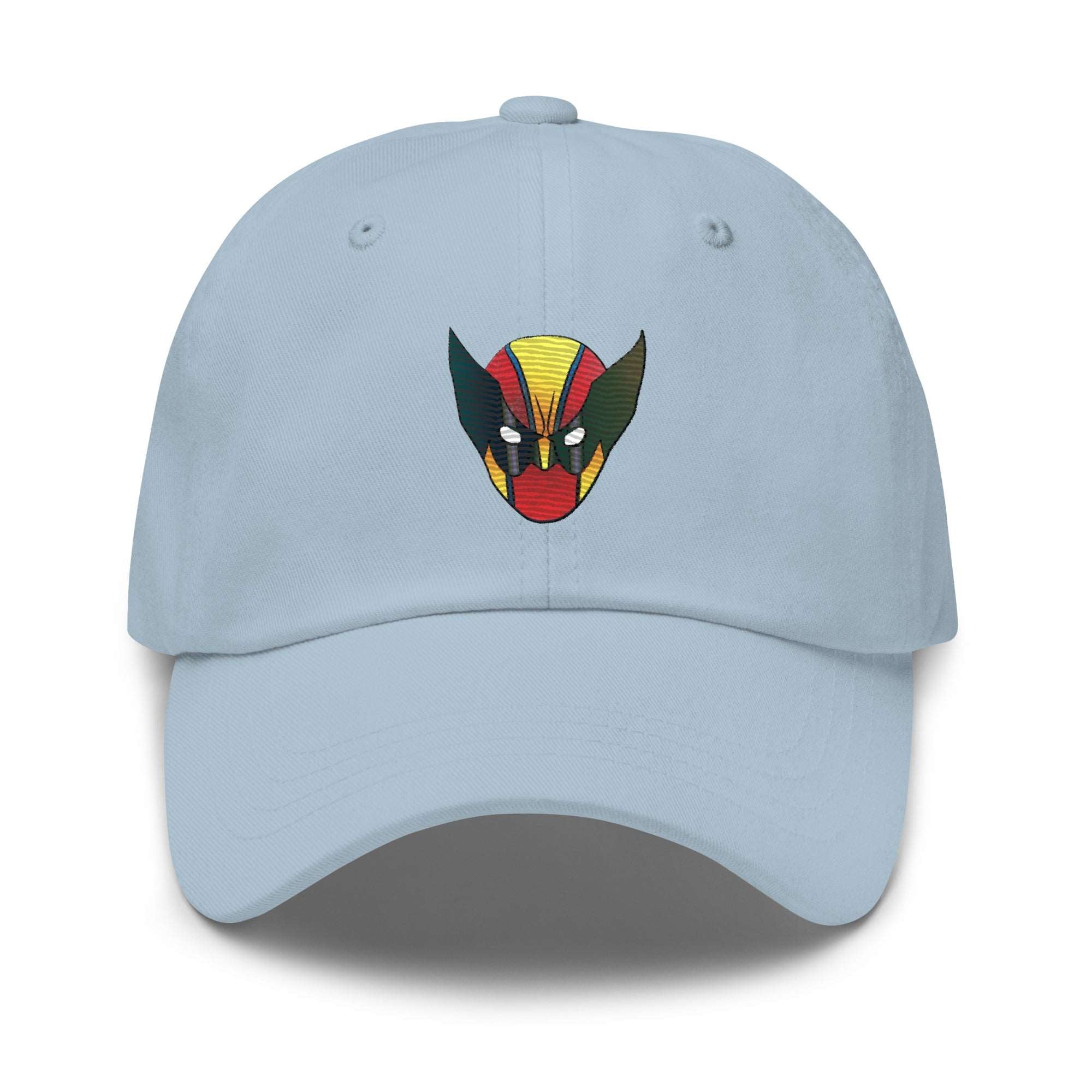 a light blue hat with a red, yellow, and green mask on it