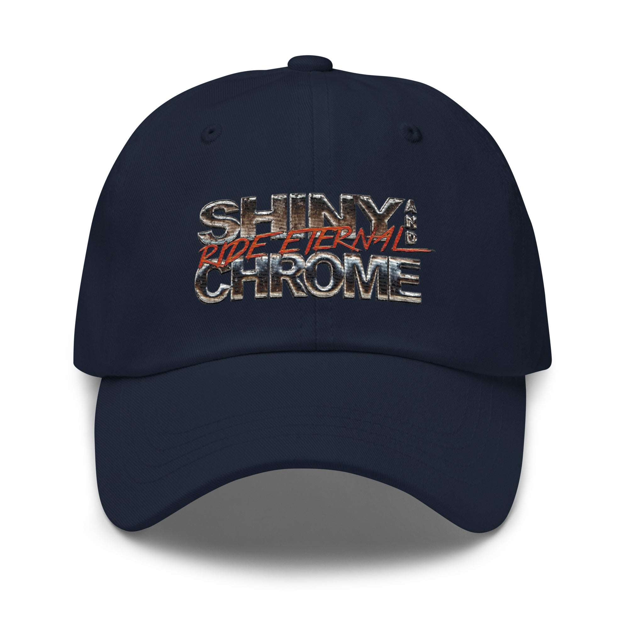 a blue hat with the words shiny chrome on it