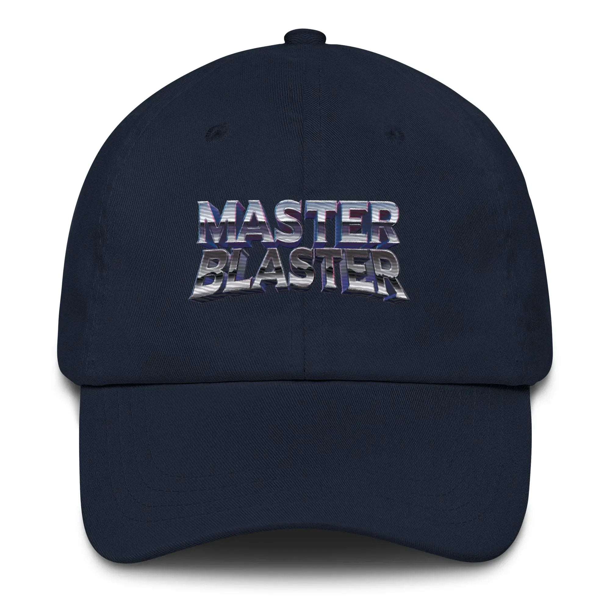 a blue hat with the word master blaster printed on it