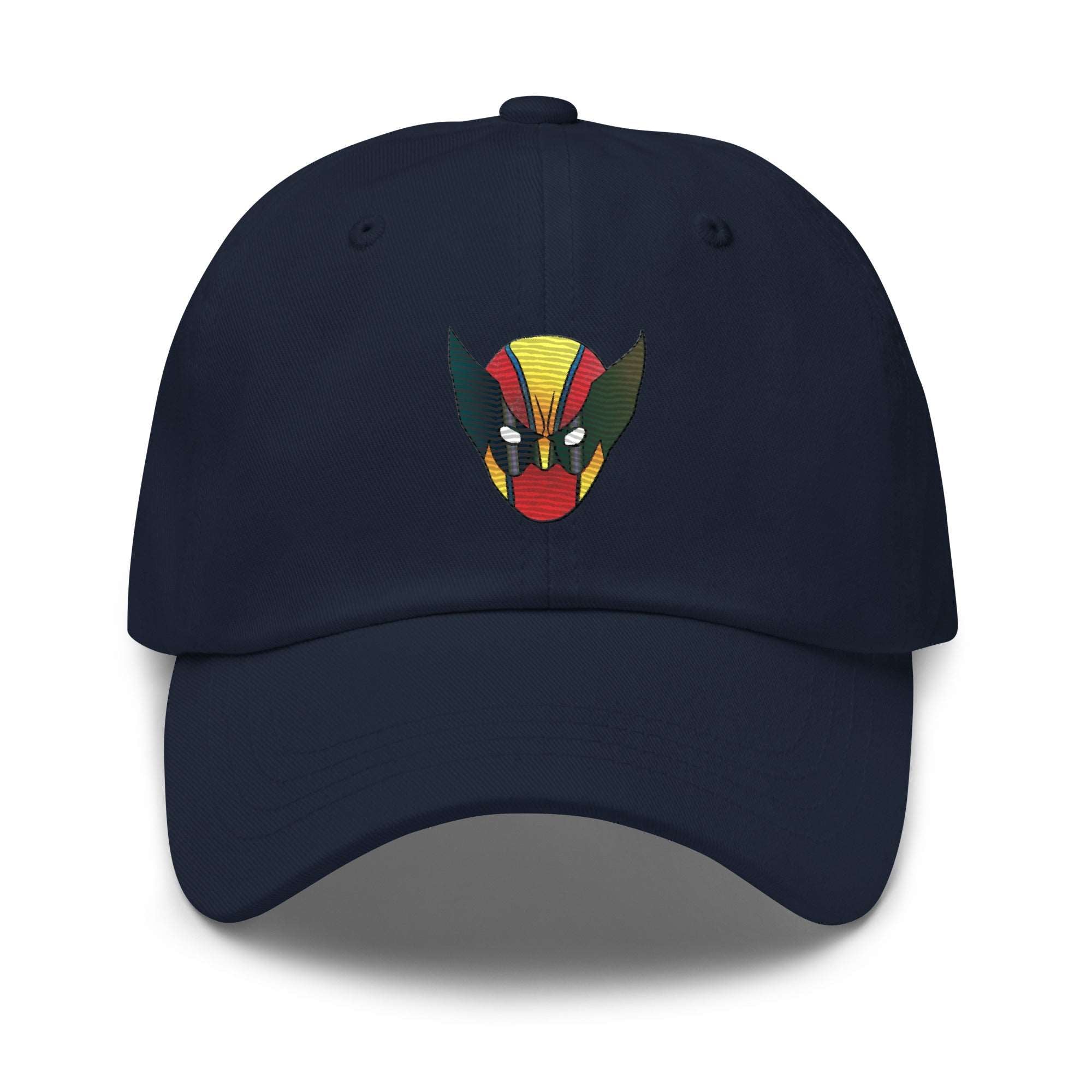 a blue hat with a red, yellow, and green mask on it