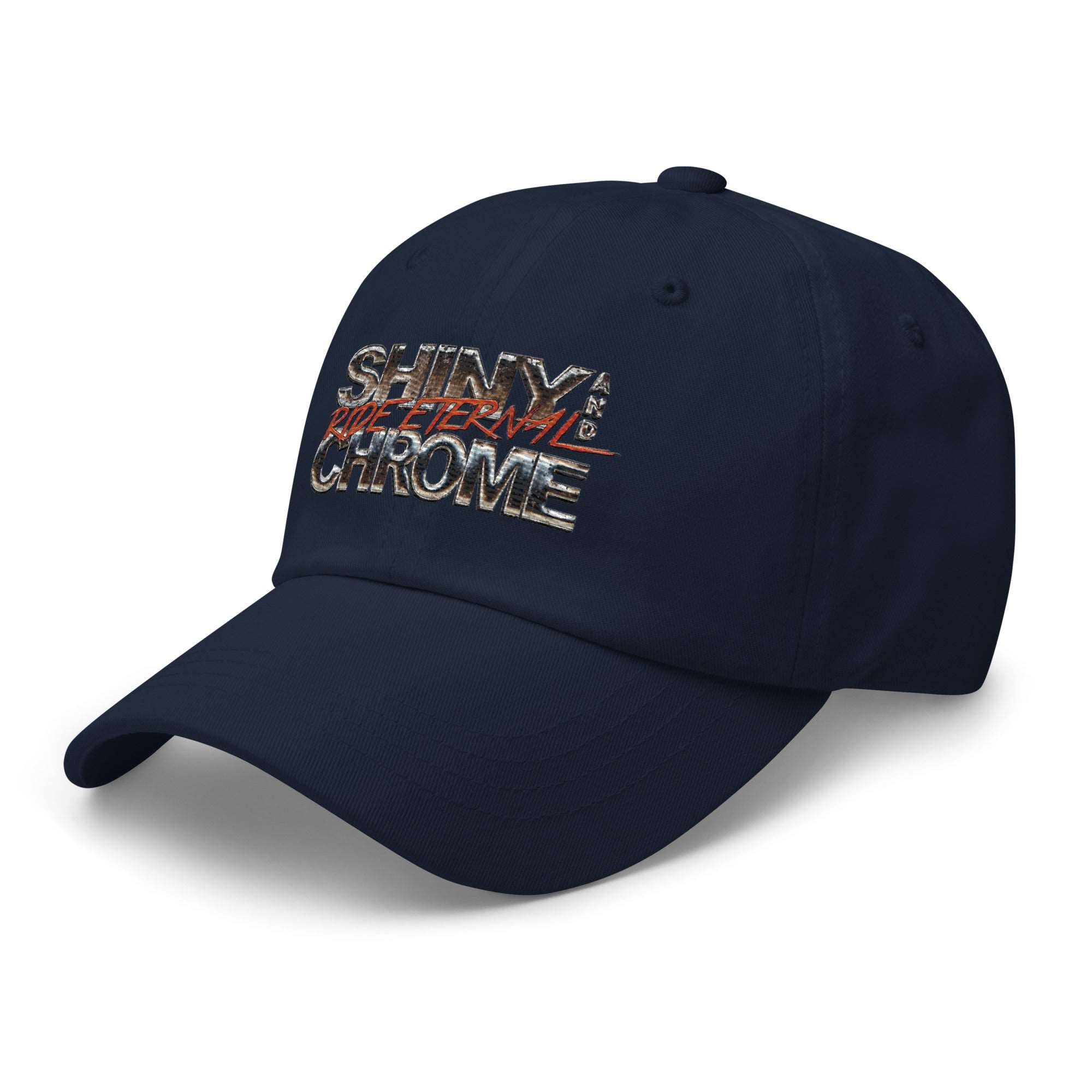 a navy hat with the words shine chrome on it