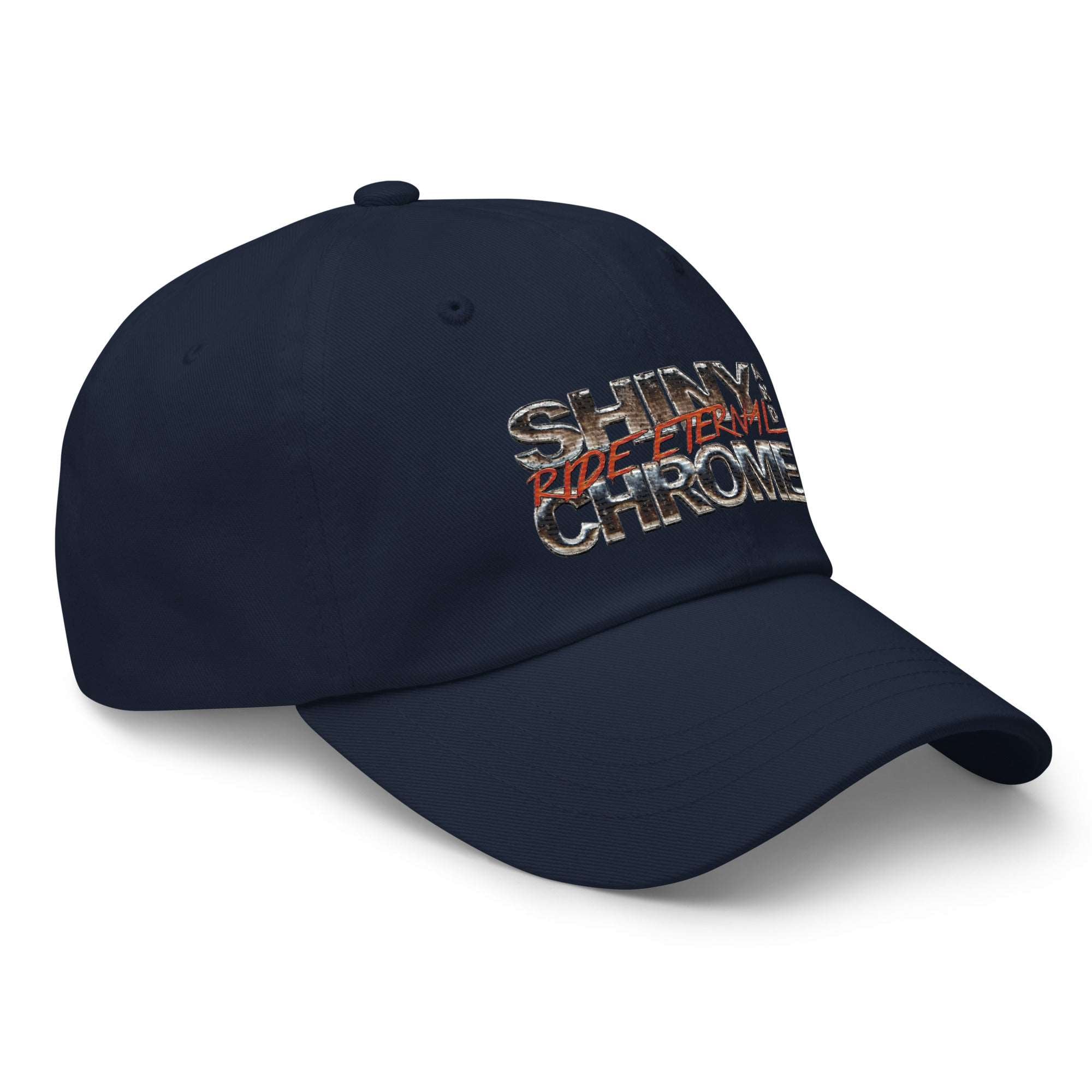 a blue hat with the words skiing happens and chrome on it
