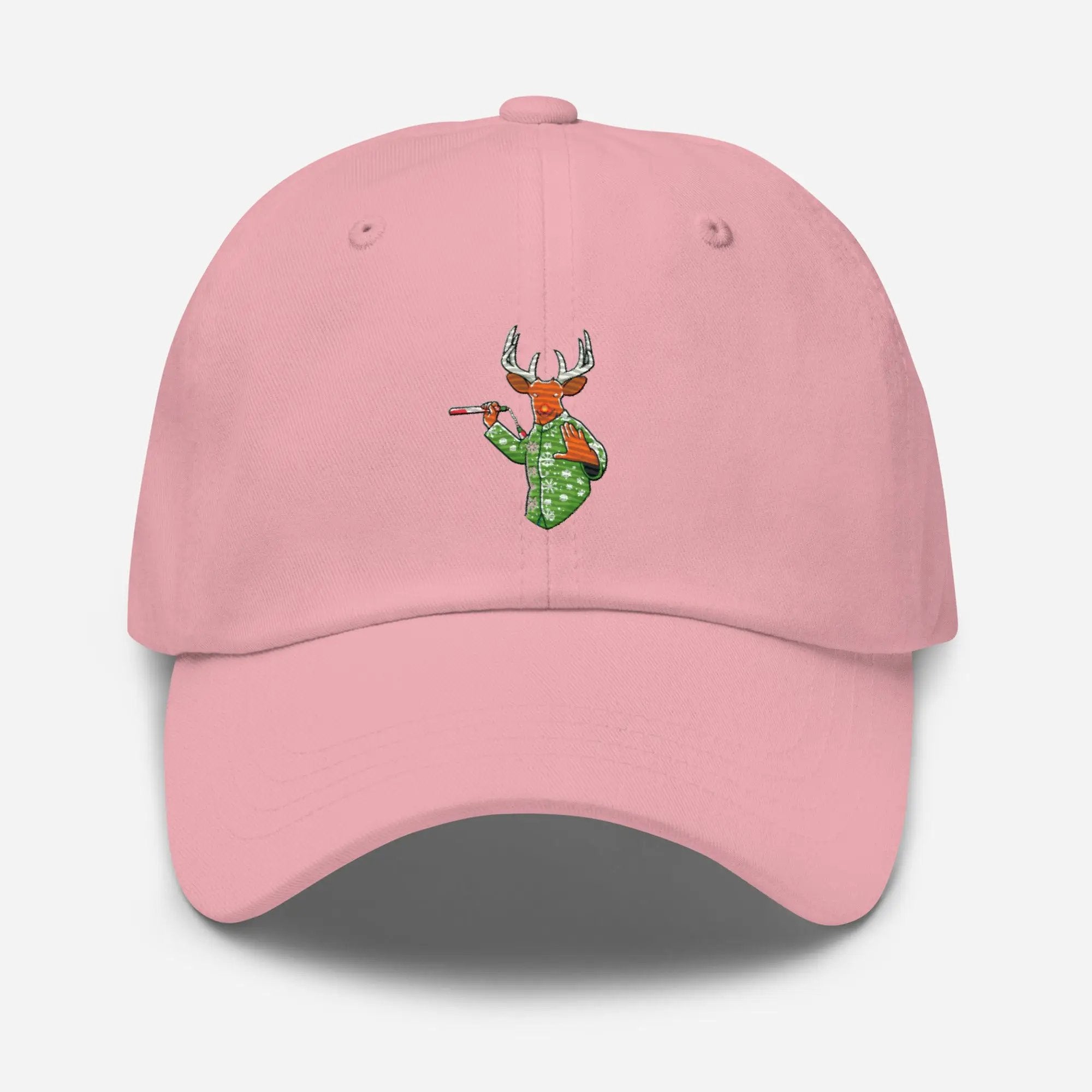 a pink hat with a deer on it