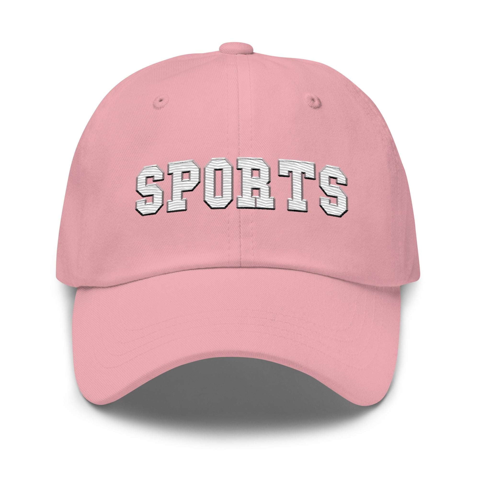 a pink hat with the word sports on it