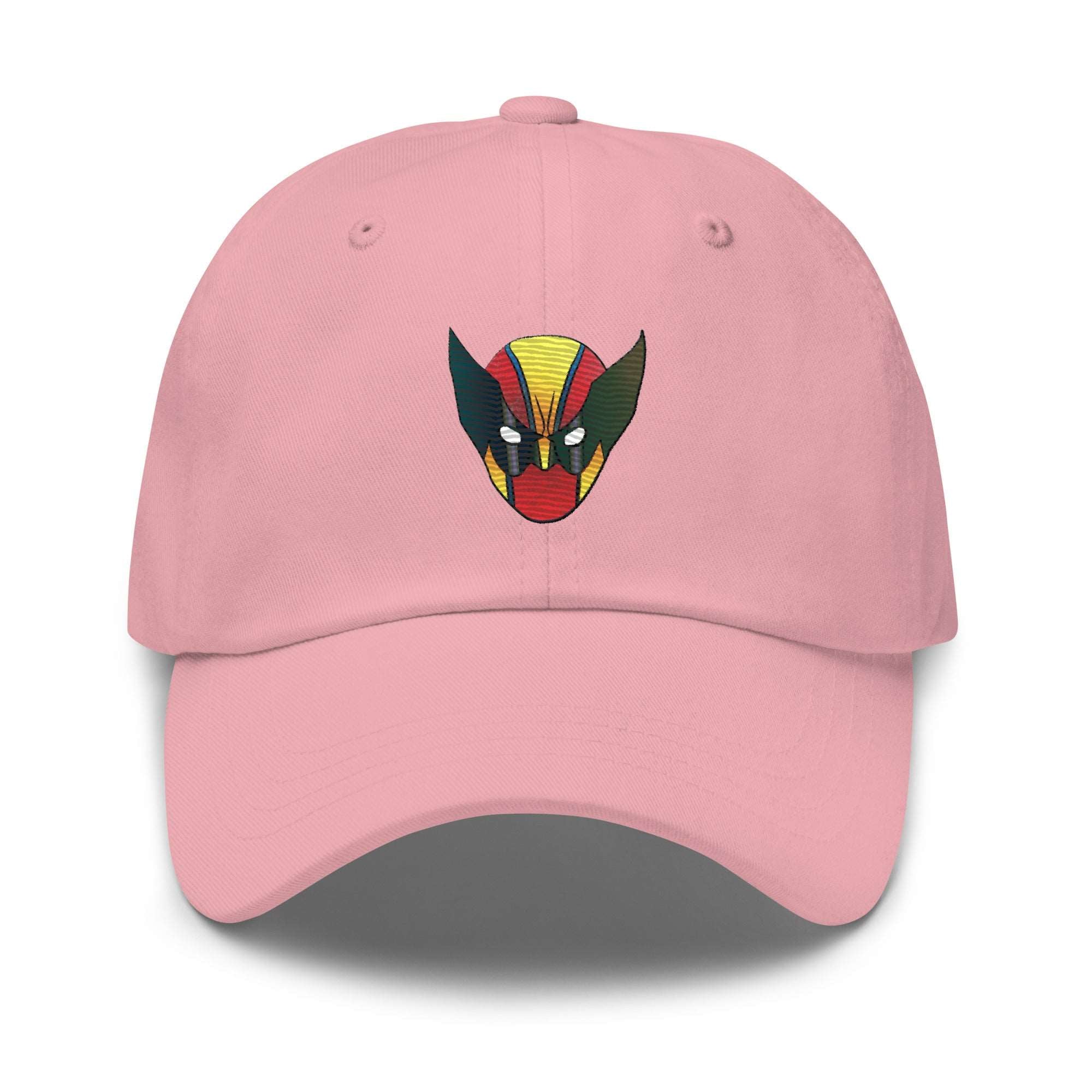 a pink hat with a devil face on it