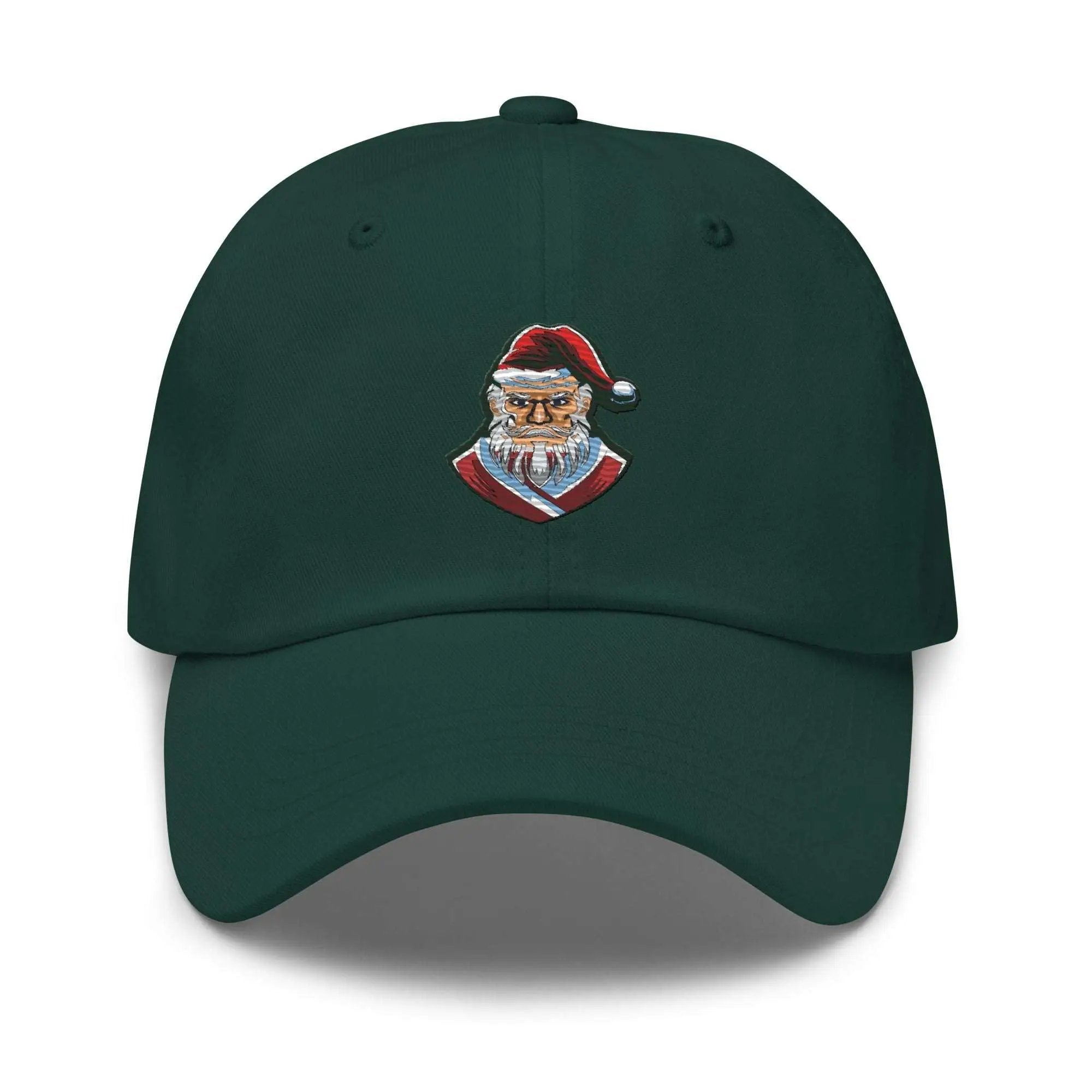 a green hat with a picture of a cat wearing a santa hat