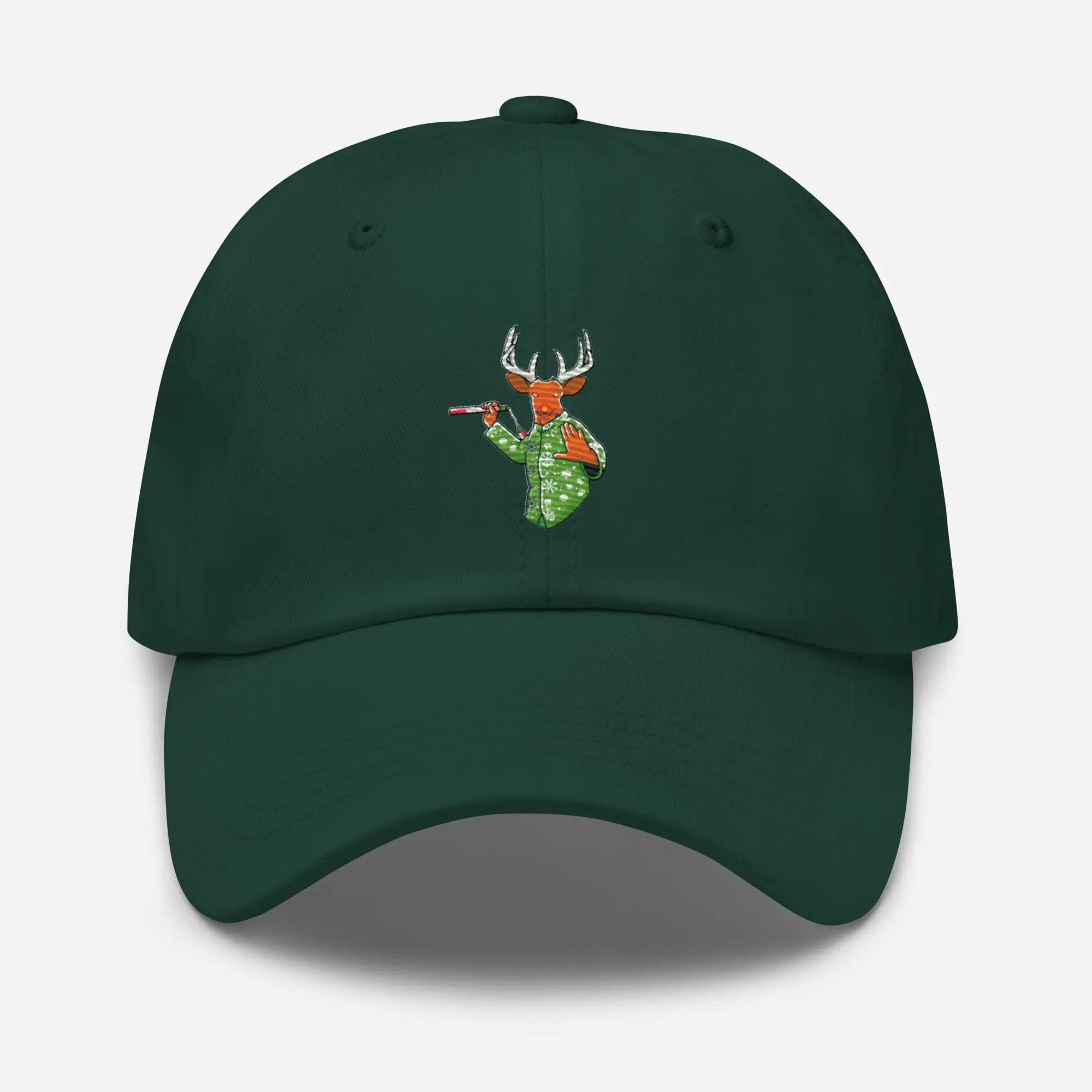 a green hat with a deer head and polka dot
