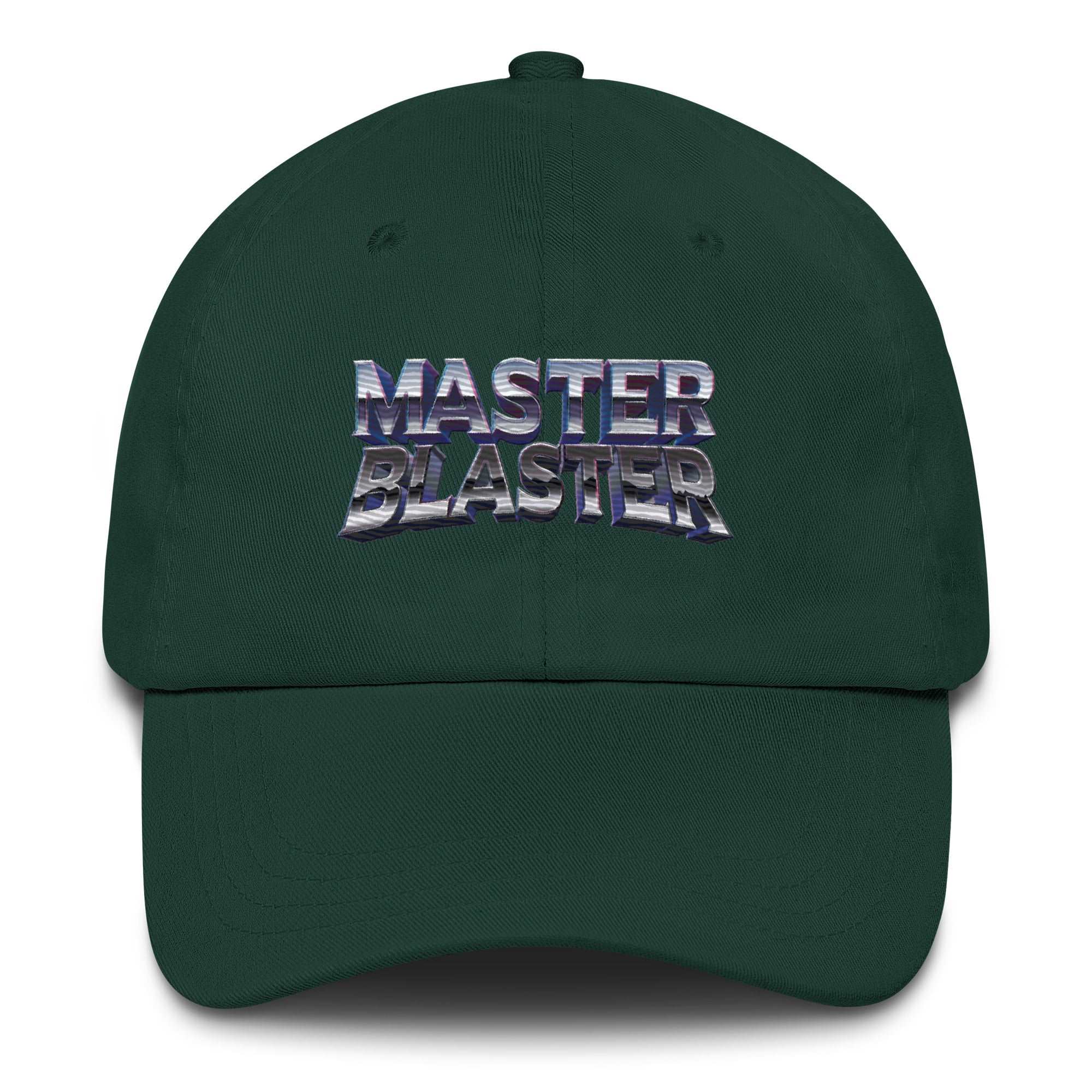 a green hat with the word master blaster printed on it