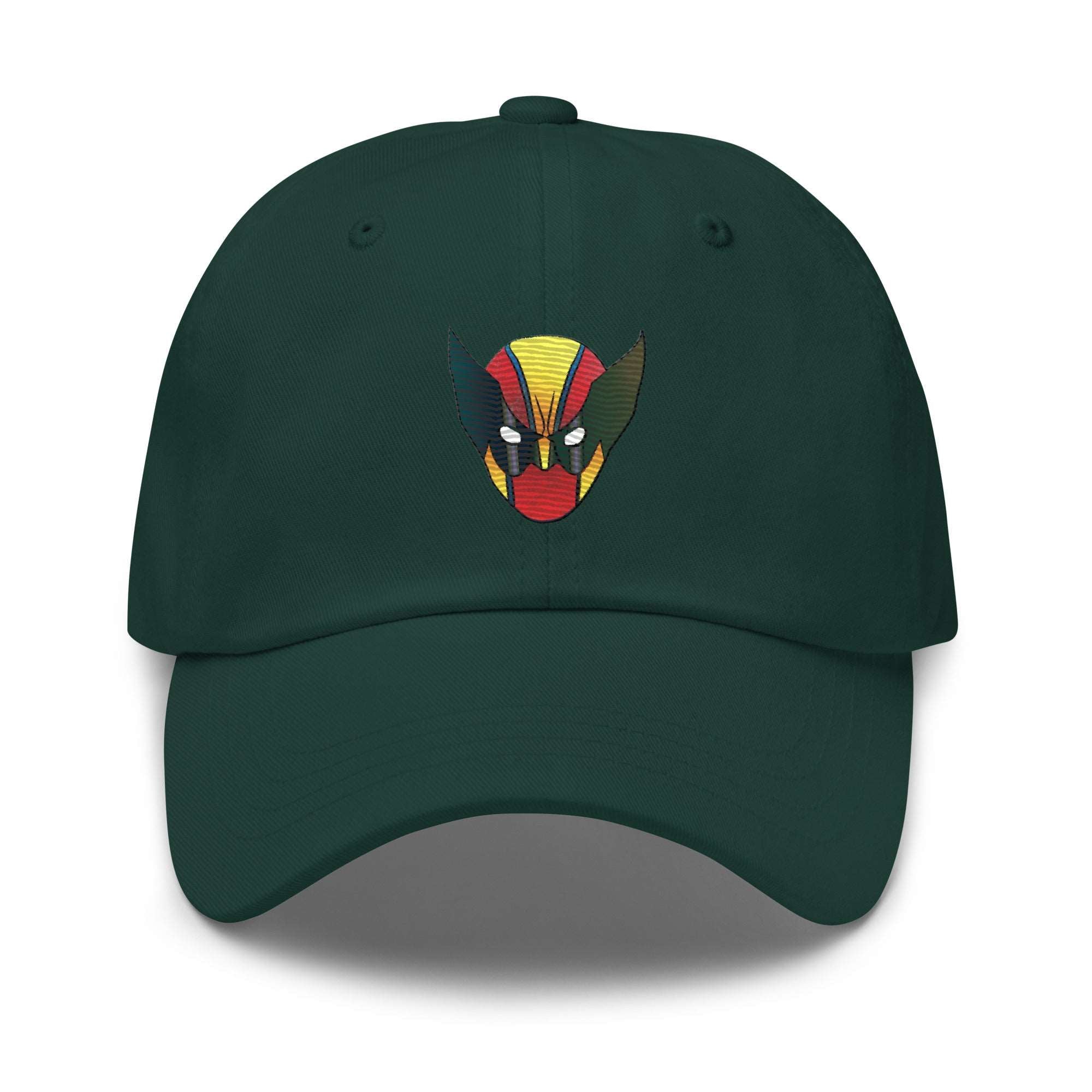a green hat with a red, yellow, and green mask on it