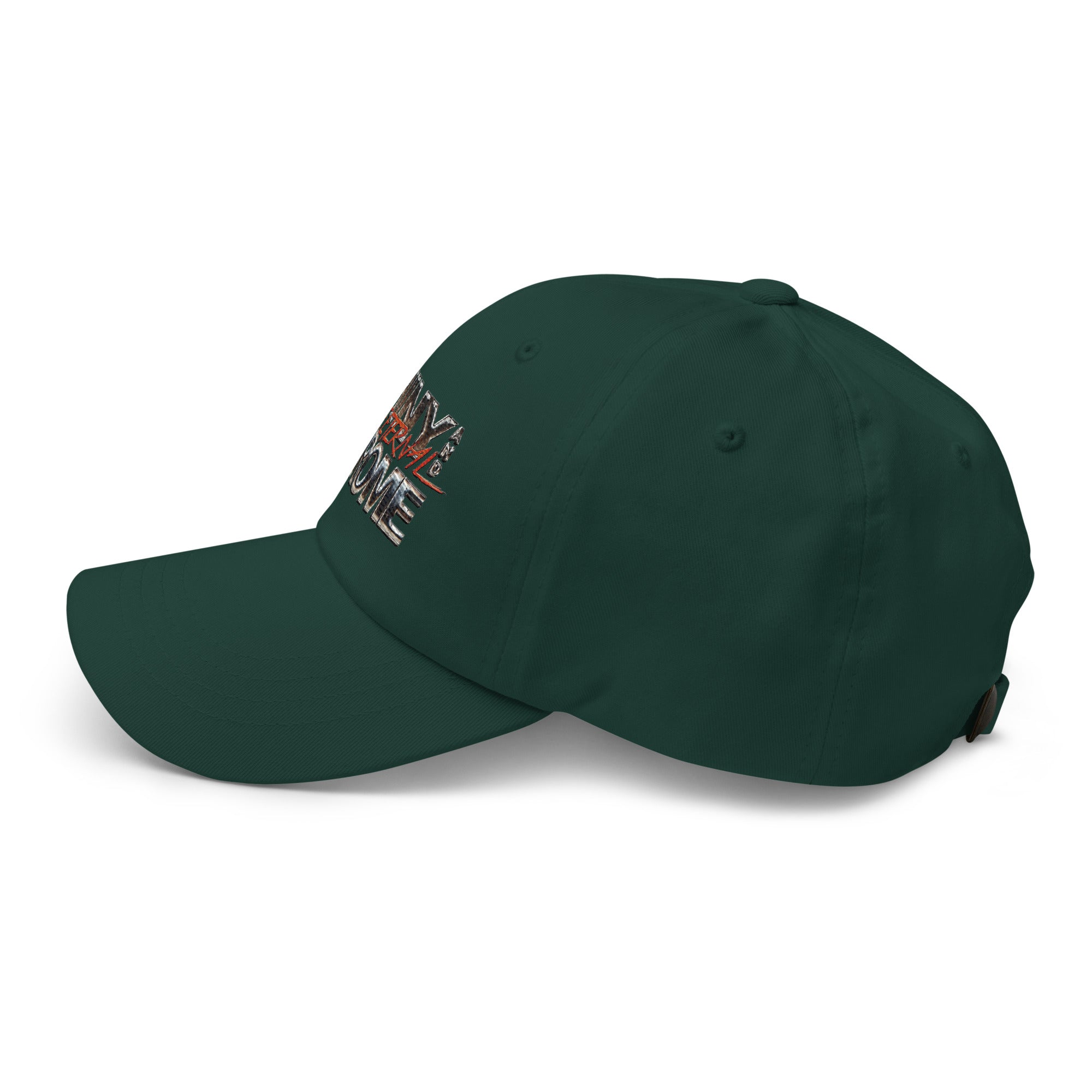a green baseball cap with a cross on it