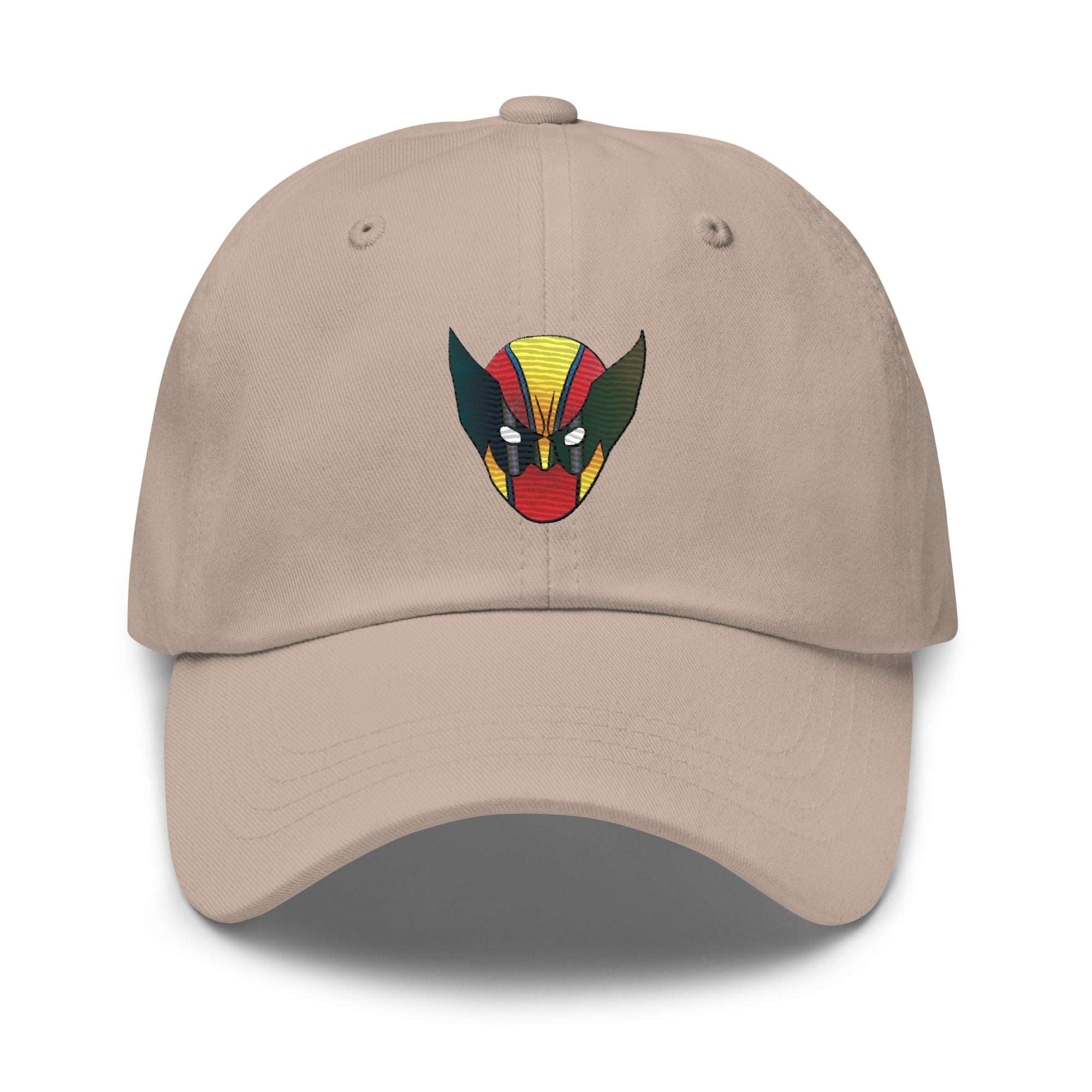 a beige hat with a red, yellow, and green mask on it