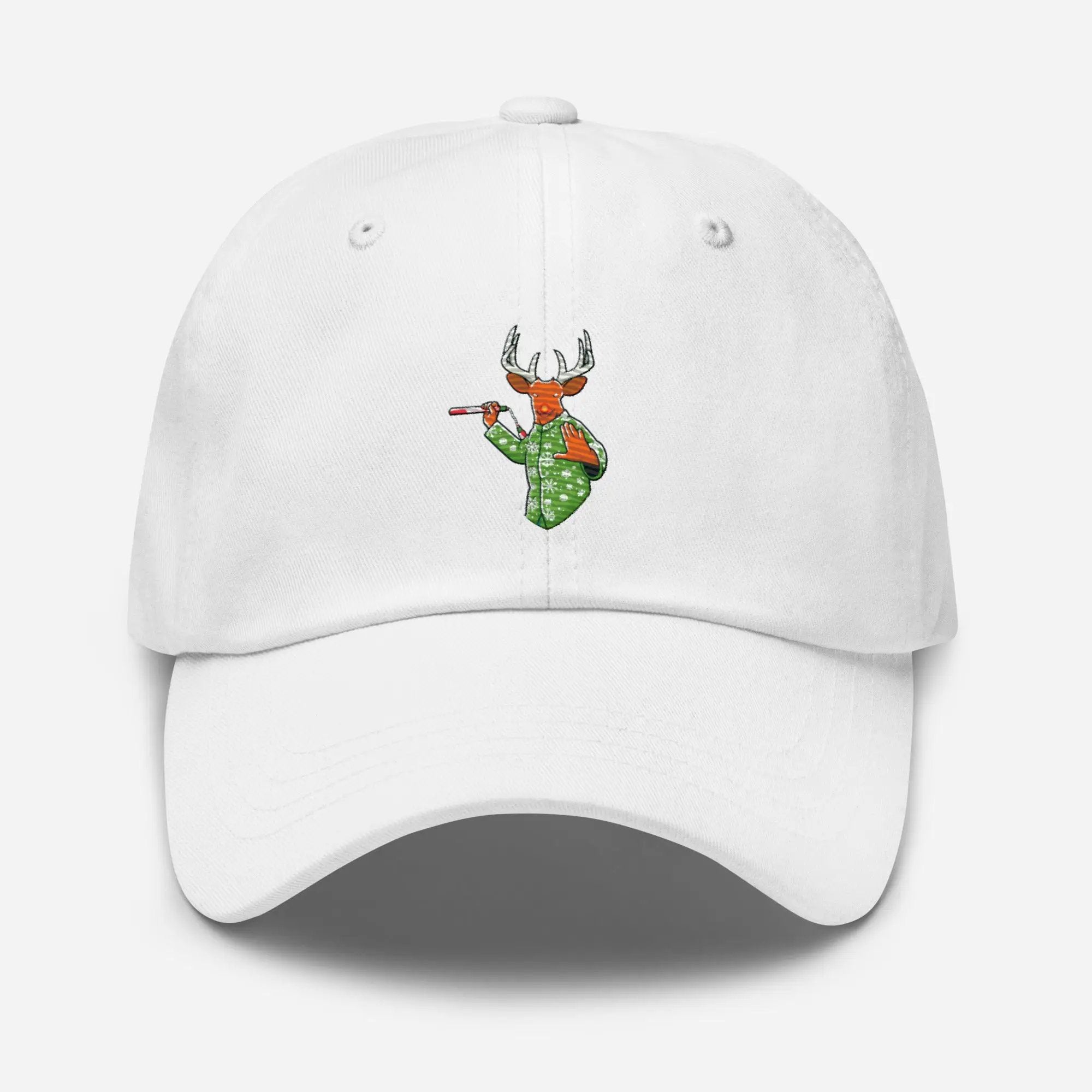 a white hat with a deer on it