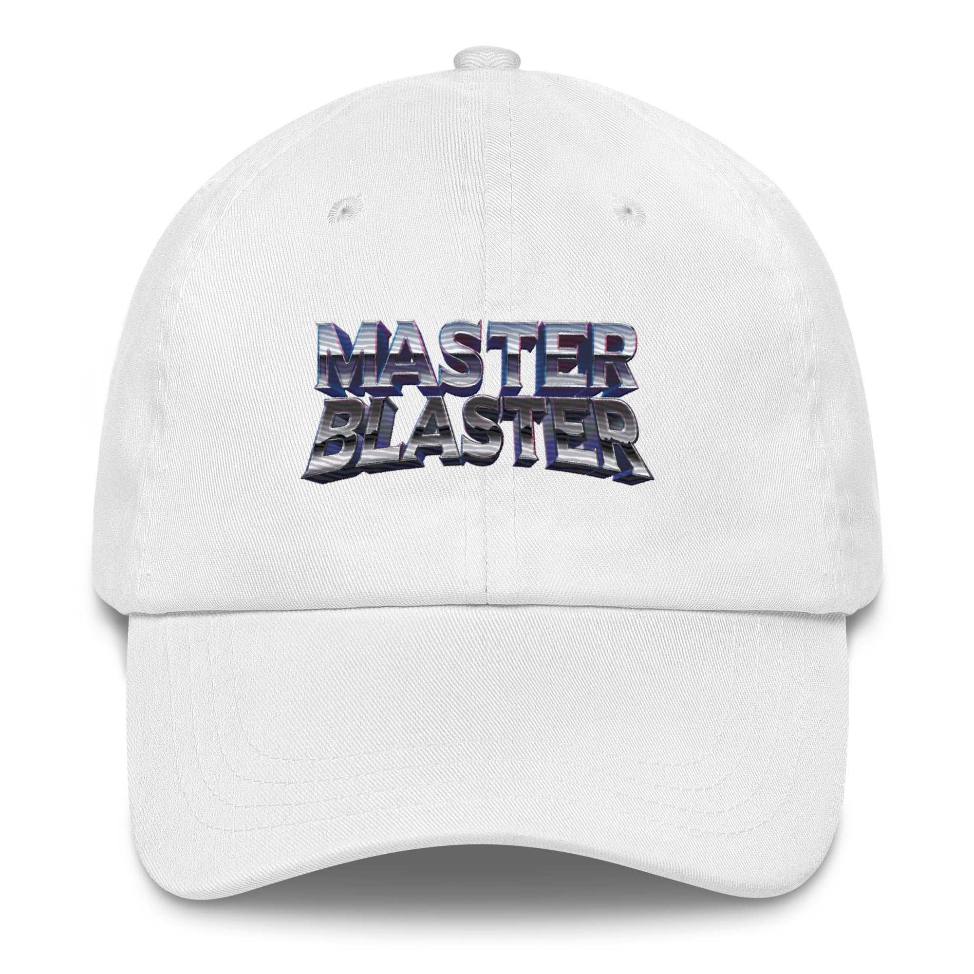 a white hat with the words master blaster printed on it