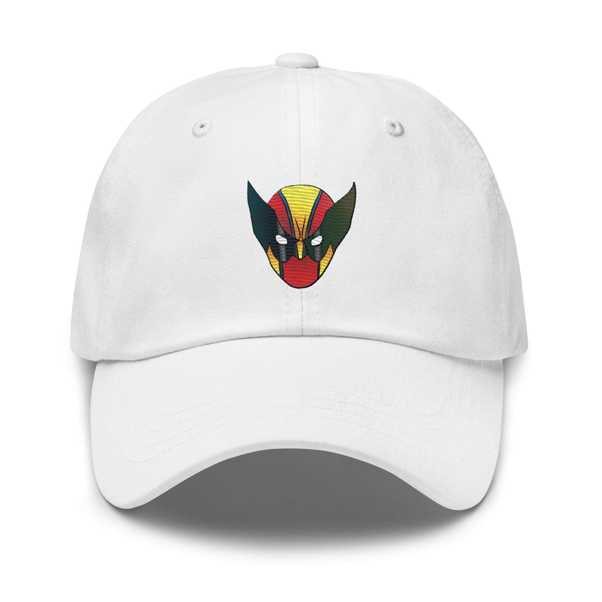 a white hat with a red, yellow, and green mask on it