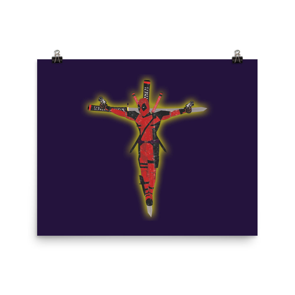 a poster of a crucifix on a purple background