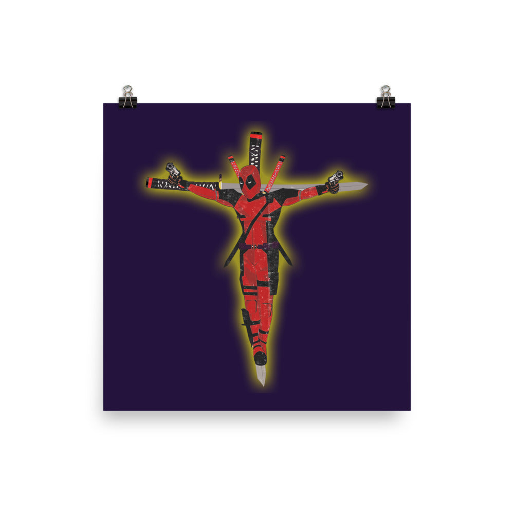 a poster of a crucifix on a purple background