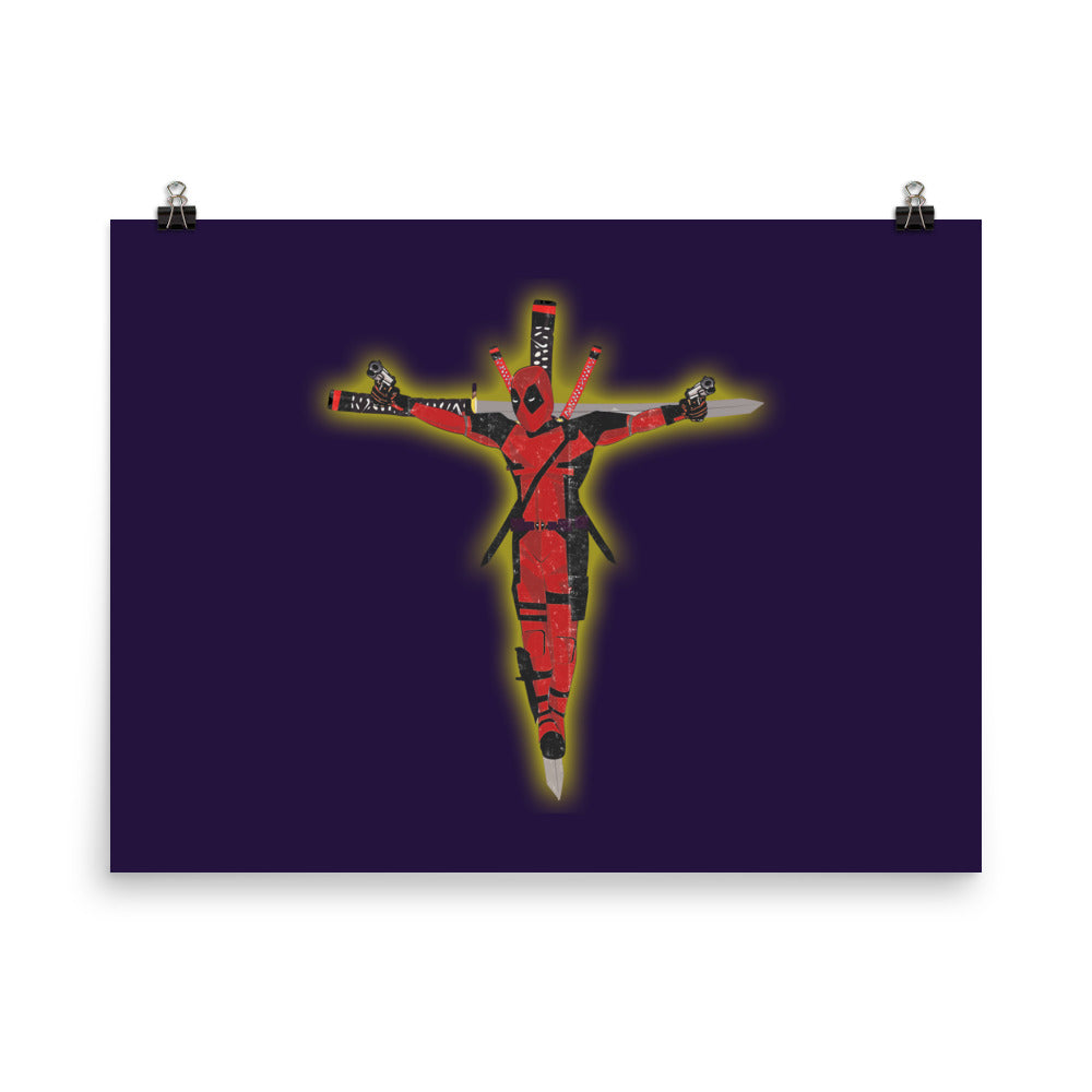 a poster of a crucifix on a purple background