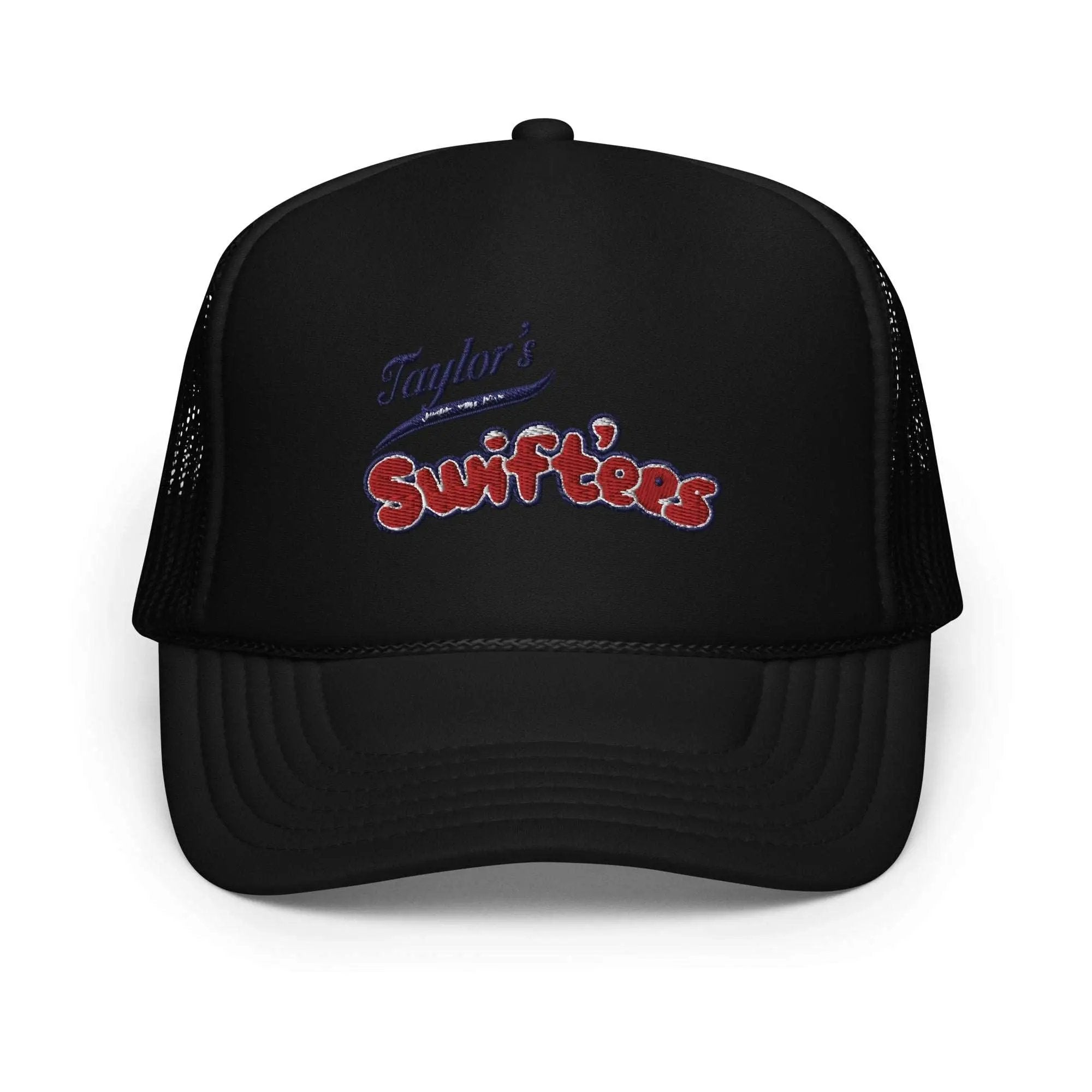 a black trucker hat with the word swiffers on it