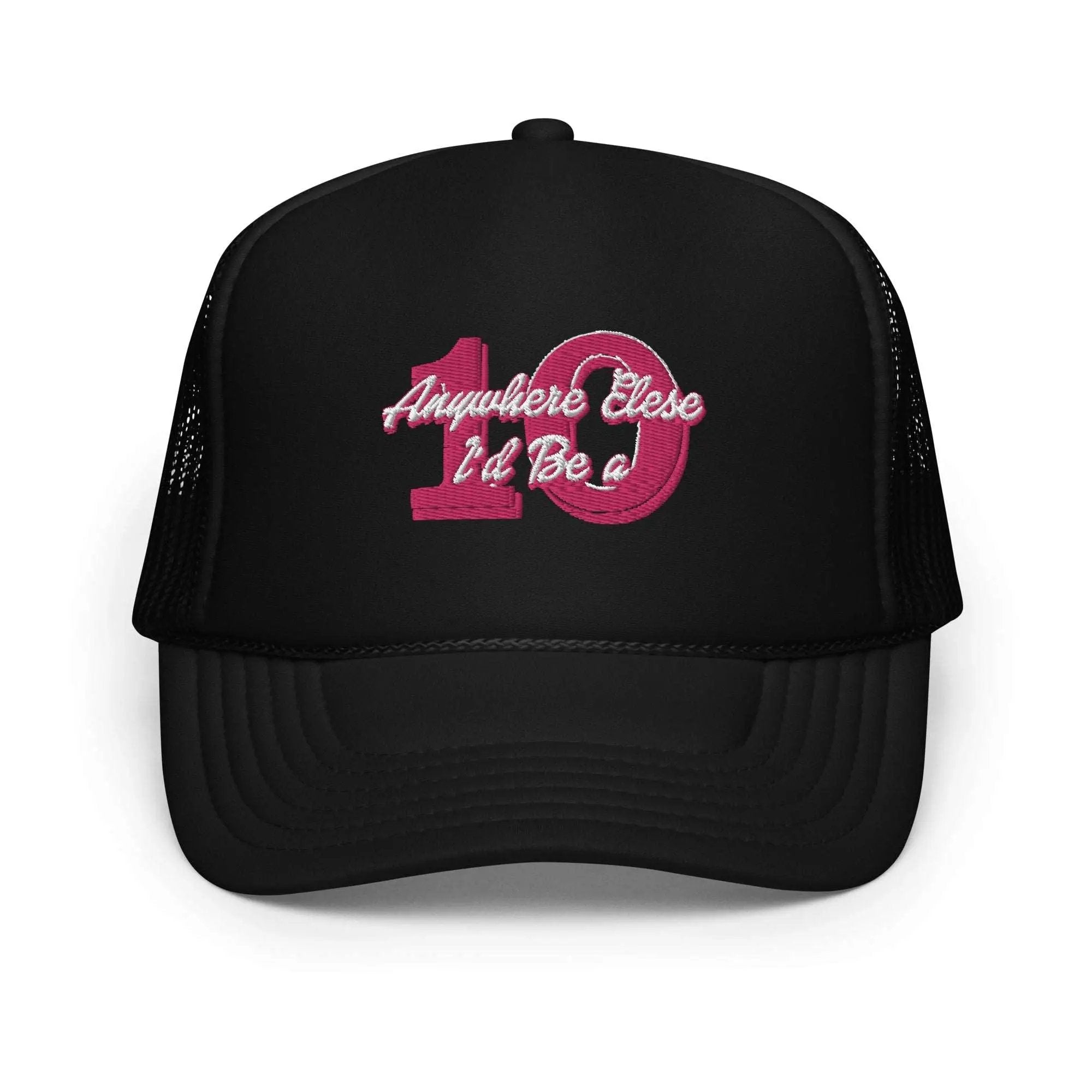 a black and pink trucker hat with the number ten on it
