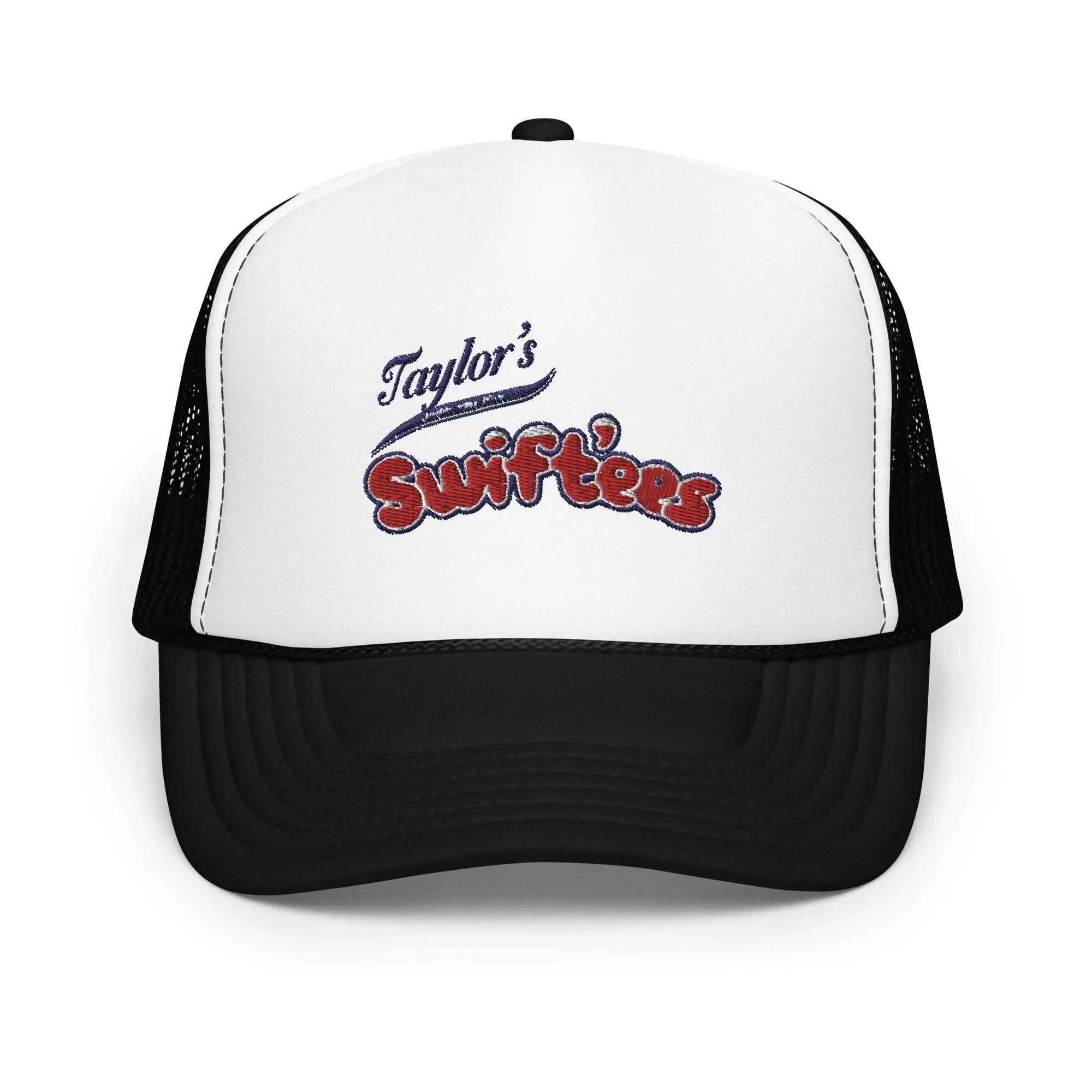 a white and black trucker hat with the words taylor's surffries